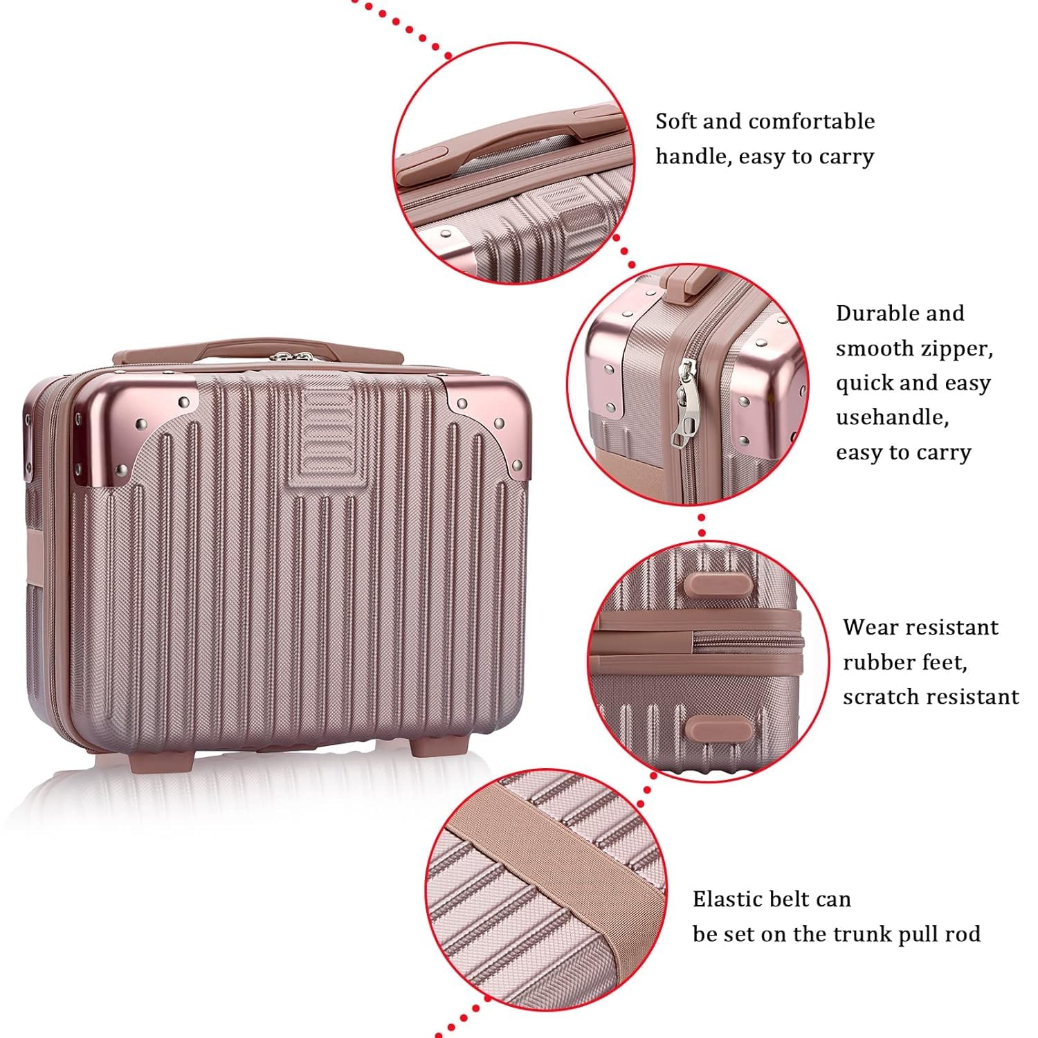 TONSYL Hard Shell Cosmetic Bag Case Travel Hand Luggage Small Portable Carrying Suitcase Makeup Case for Women Organizer Box Vanity Mini Suitcase 14'' Books, Bottles, Clothes (Rose Gold-White) 2