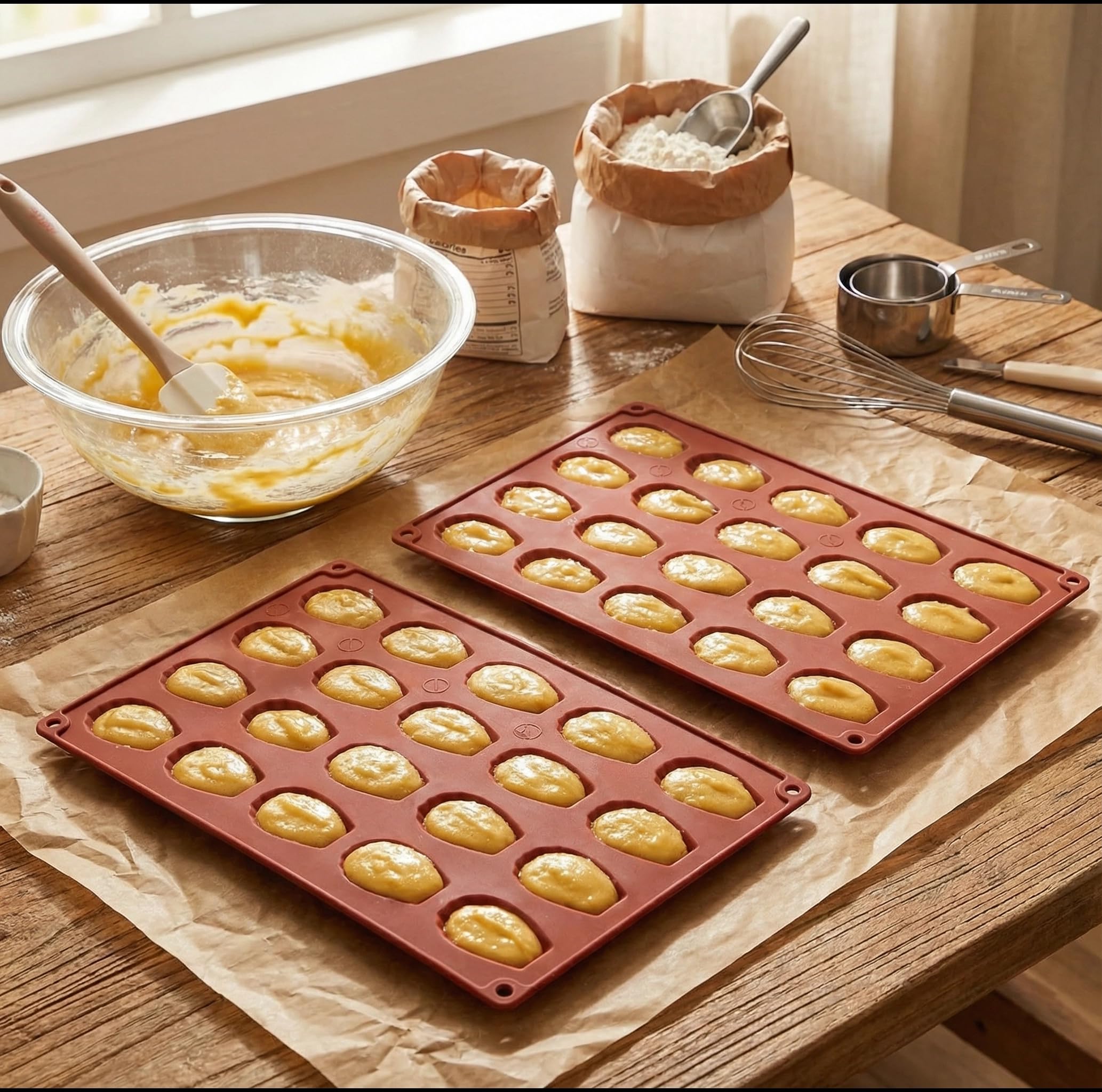 YXHZVON Madeleine - Moldes para hornear (2 unidades, silicona, 20 cavidades con 1 cepillo de silicona, moldes de chocolate, sin BPA, para mini pasteles de chocolate, color rojo)