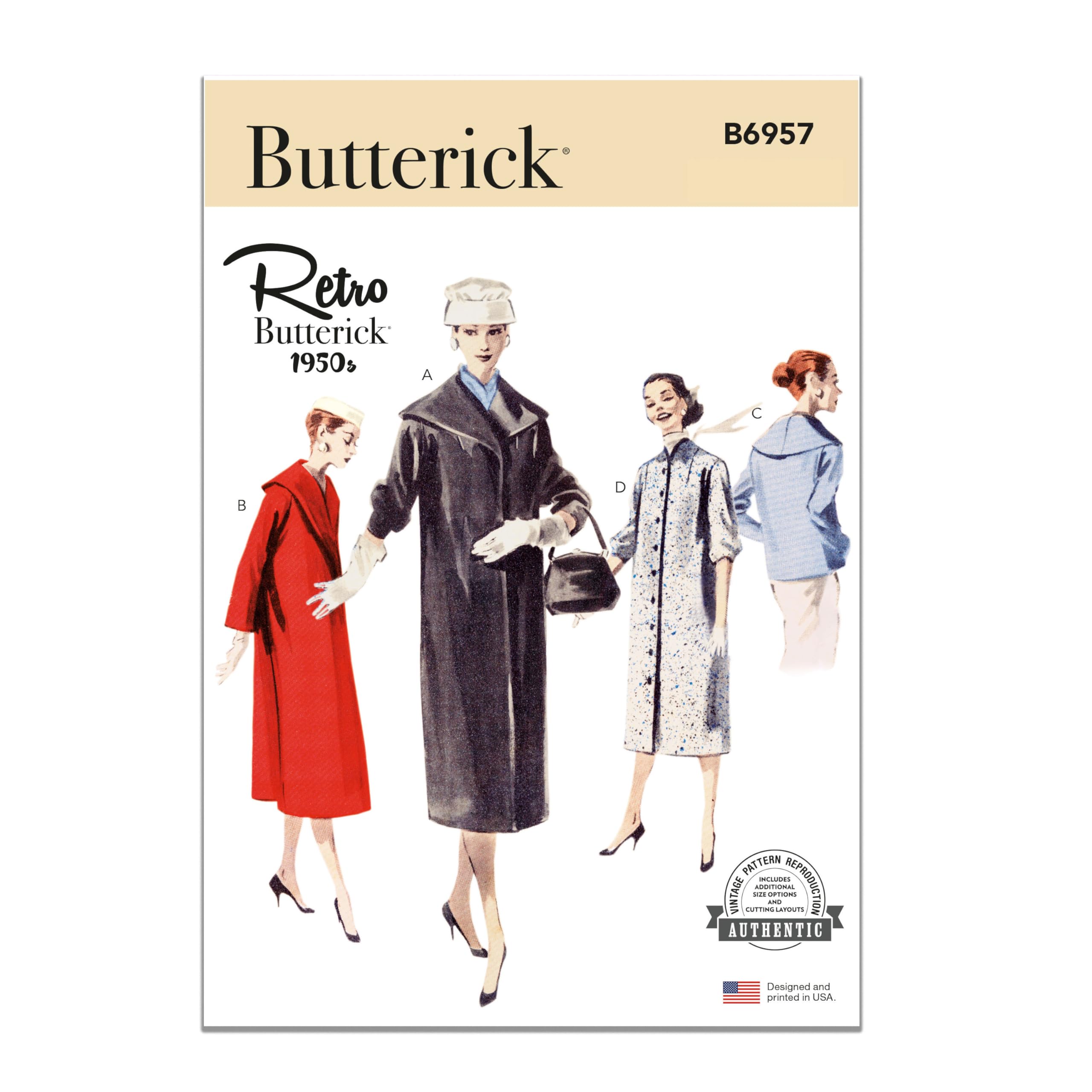 Butterick Women's Sewing Pattern 6957, Coats, Vintage Style For H5 (6-8-10-12-14) - Easy - U5 (16-18-20-22-24)