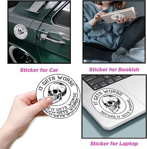 Miniatura 4 de (3 unidades) - Calcomanía con texto en inglés "It Gets Worse Before It Gets Worse", divertida calavera retro, broma sarcástica, calcomanía de vinilo