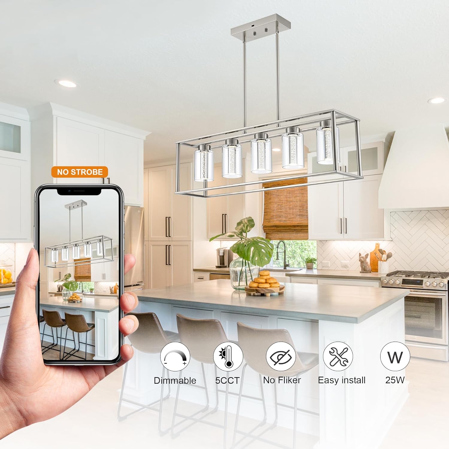 VINLUZ LED Linear Chandeliers Farmhouse Rectangle Pendant 5 Light with Clear Glass and Crystal Bulb,Black Modern Dining Room Lighting Industrial Kitchen Island Foyer Light Fixture Hanging