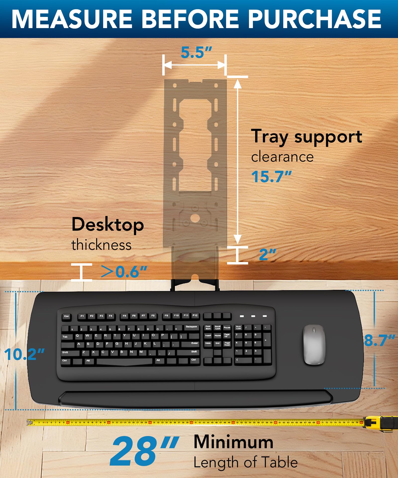 Keyboard-Ablage unter Tisch mit Schublade, höhenverstellbar, ausziehbar, 360° schwenk- und neigbar, ergonomische Unter-Tisch-Montage für Tastatur & Maus, geeignet für Gaming & Home Office, 28'' x 11''