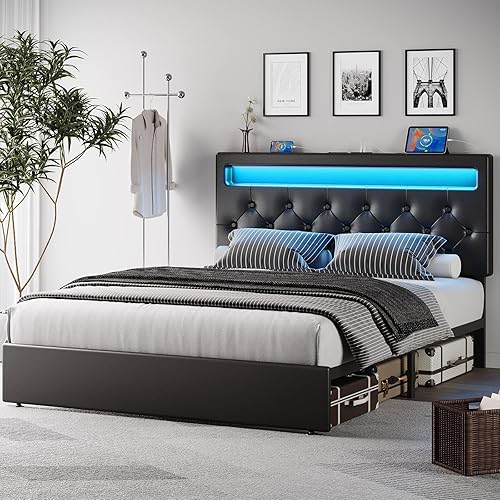 Rolanstar Queen Size Bed Frame with Charging Station, LED Bed with Under Bed Storage, Adjustable Headboard 38.9/40.8 Inches, No Box Spring Needed, Noise Free, Easy Assembly, Black