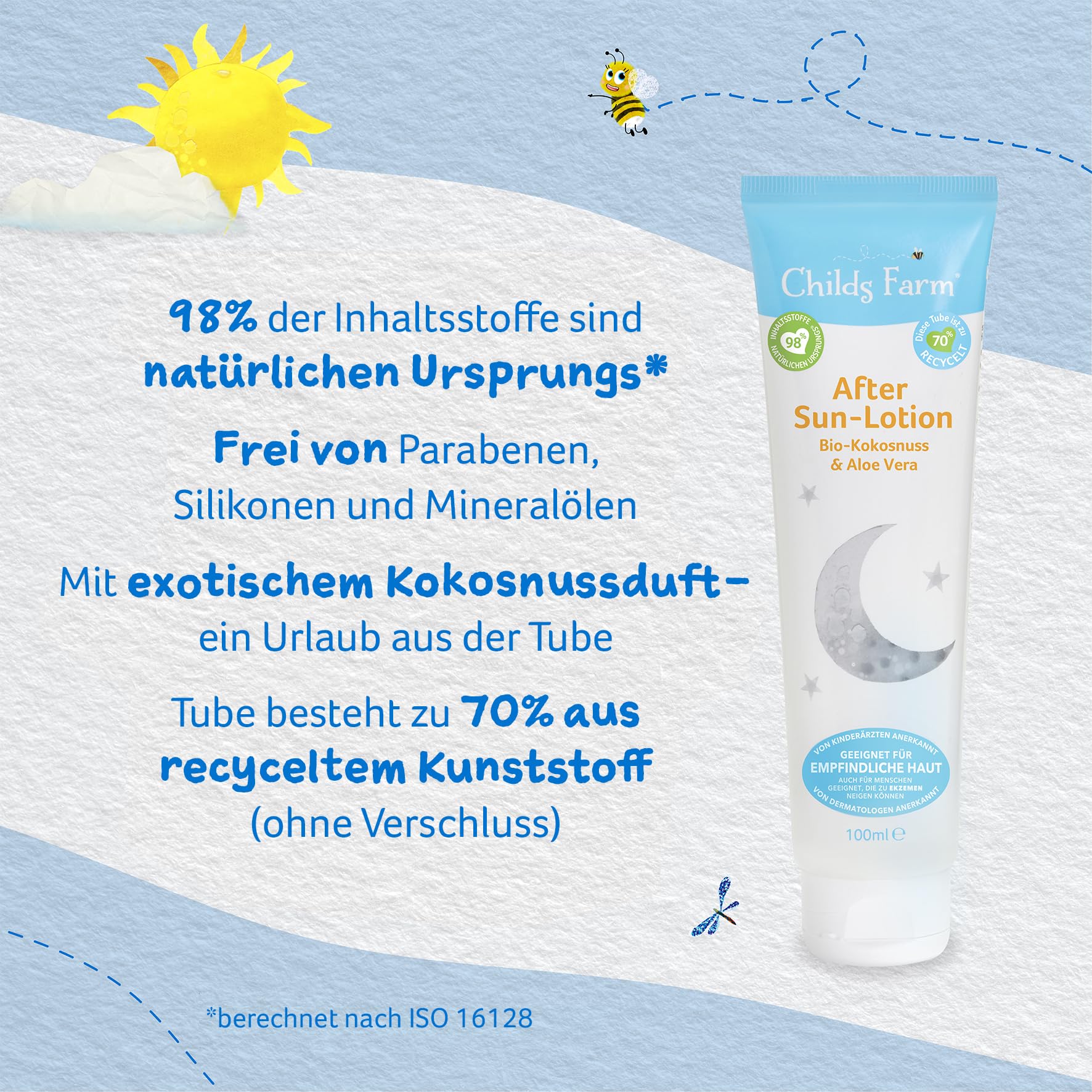 Childs Farm Loción After Sun para niños y bebés con aroma de coco orgánico, 100 ml, calmante e hidratante, adecuada para pieles secas, sensibles o propensas a eccemas