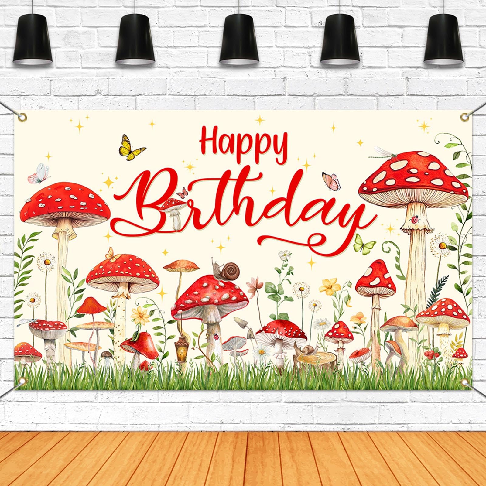 Mocsicka Mushroom Birthday Banner Backdrop Red Mushroom Birthday Party Banner Mushroom Birthday Party Decorations for Kids Birthday Party Supplies (