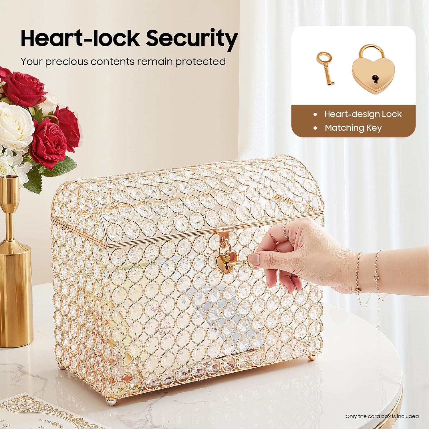 Crystal Wedding Card Box with Heart Lock, Wedding Money Box, Treasure Chest Bead Card Receiving Box for Reception, Graduation, Keepsake Display, Party Centerpiece, 12.2" x 6.3" x 9.8", Gold
