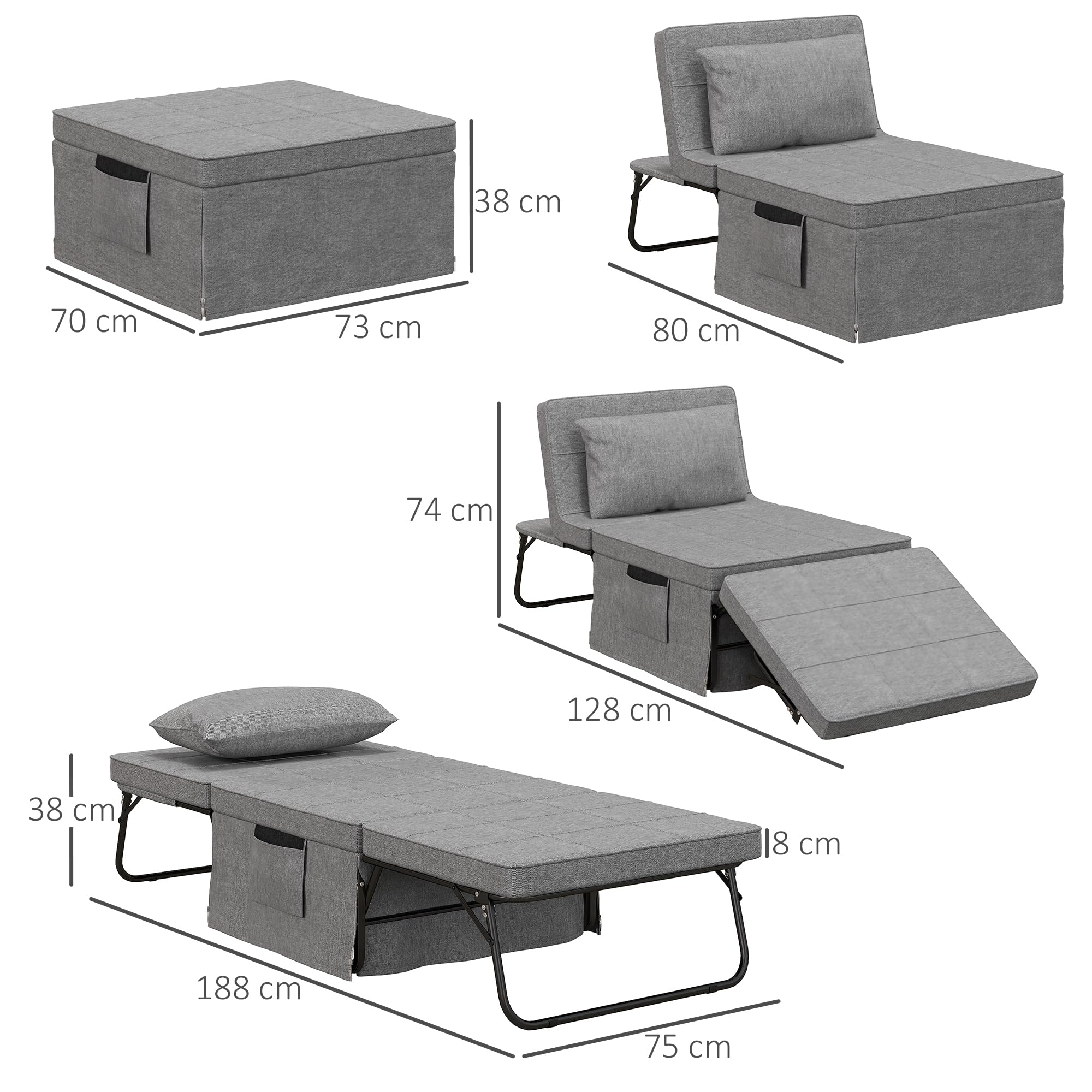HOMCOM Pouf Letto Pieghevole Multiuso 4 in 1, Brandina Chaise Longue Salvaspazio con Schienale Reclinabile a 5 Livelli, Grigio