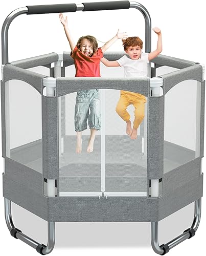 EL&IT·Wings Trampolín para niños con red, 4.6, 5.5, 7 pies, para interiores y exteriores, con recinto de seguridad, trampolín hexagonal pequeño para