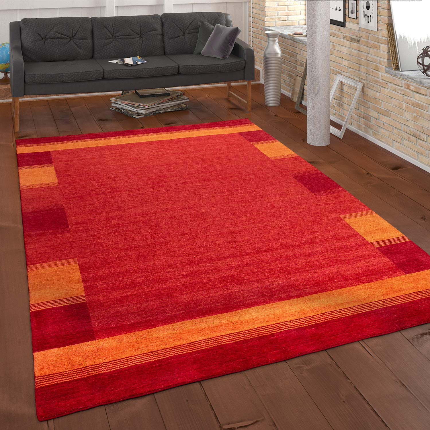 Paco Home Tapis Salon Chambre Adulte Poils Ras Motif Ethnique Motif Geometrique Tissé A La Main, Dimension:80x150 cm, Couleur:Terracotta 5