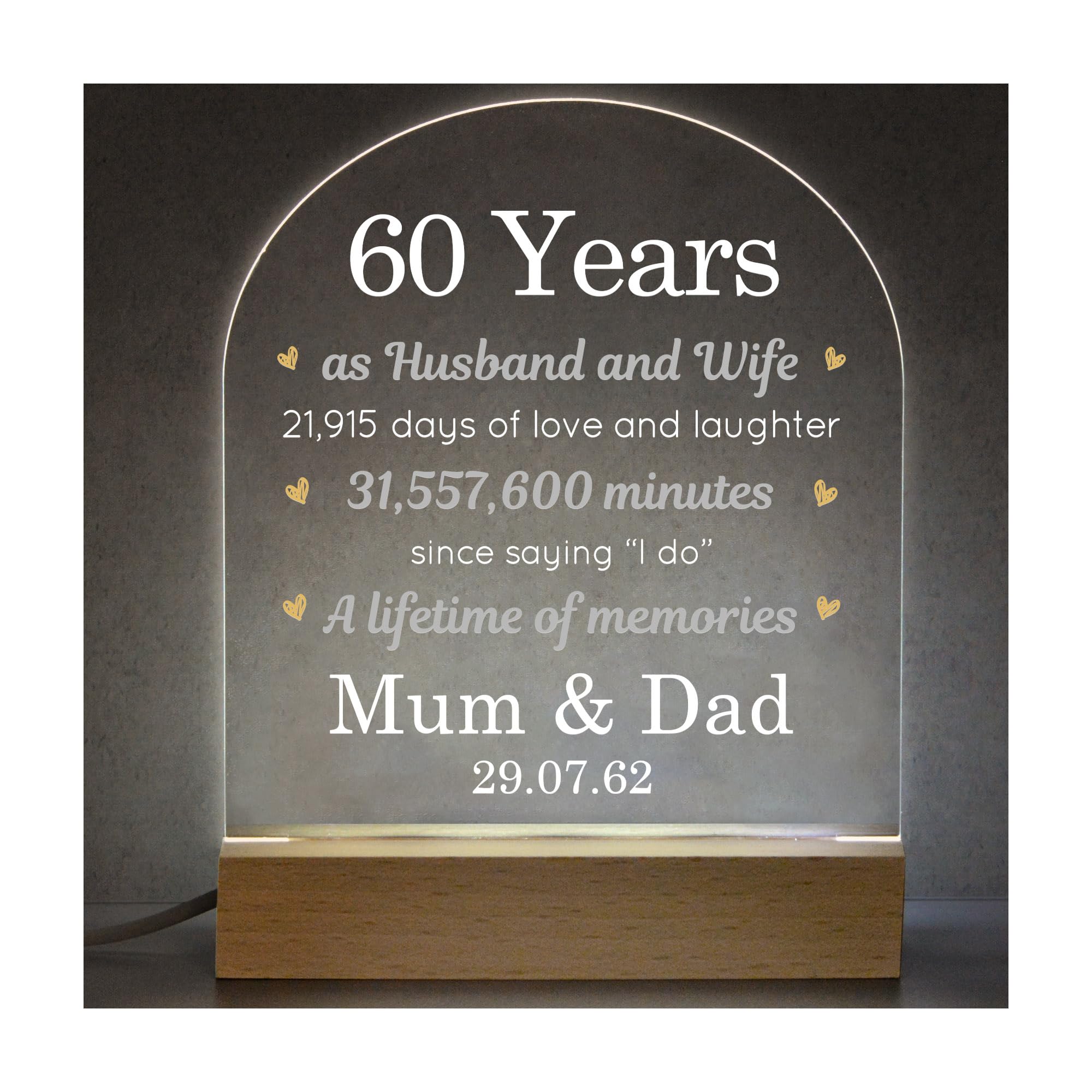 Beecreative 60th For Parents, Personalised Diamond Wedding Anniversary LED Lamp Light, Grandparents 60th Anniversary, Mum and Dad 60 Years Married