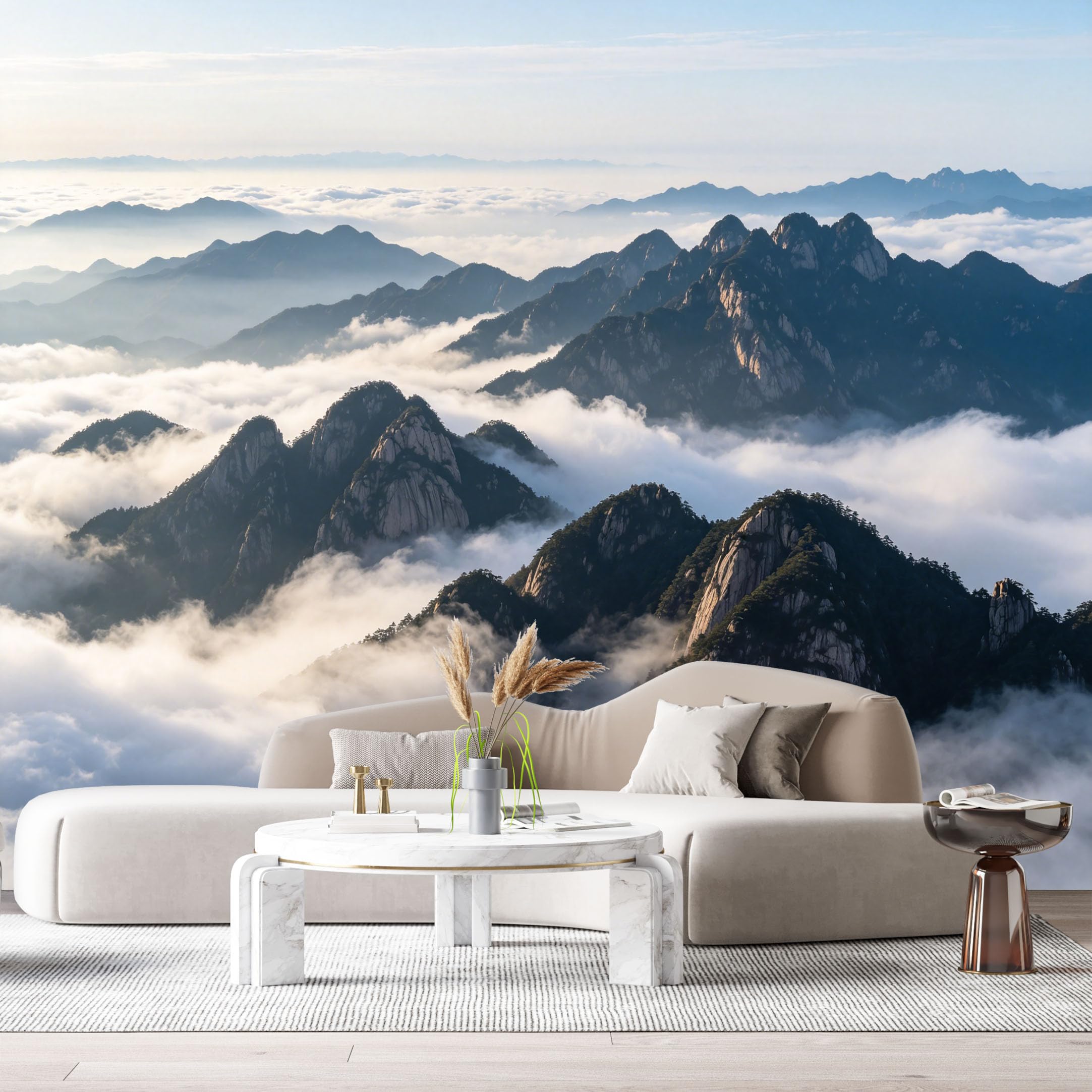 Custom Size Wall Murals Misty Mountains Landscape Sunrise Clouds Peaks SelfAdhesive Wall Fabric Removable Large Wallpaper for Photo Living Room