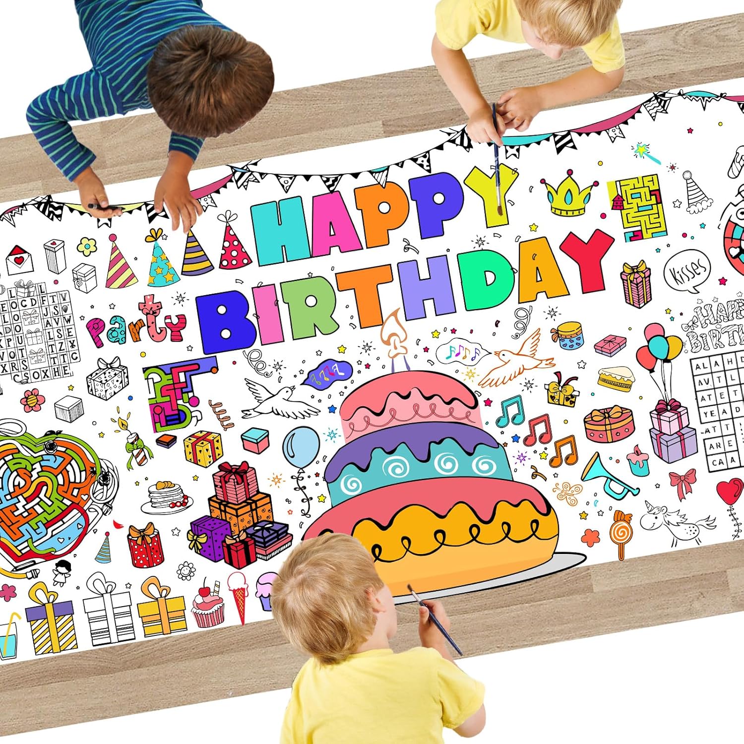 Happy Birthday Coloring Table Cloth For Kids-30 X 72 Inch Giant Coloring Poster/Pages、Large Kids Coloring Sheets Birthday Party Decorations、Jumbo Coloring Poster For School、Birthday Party Supplie