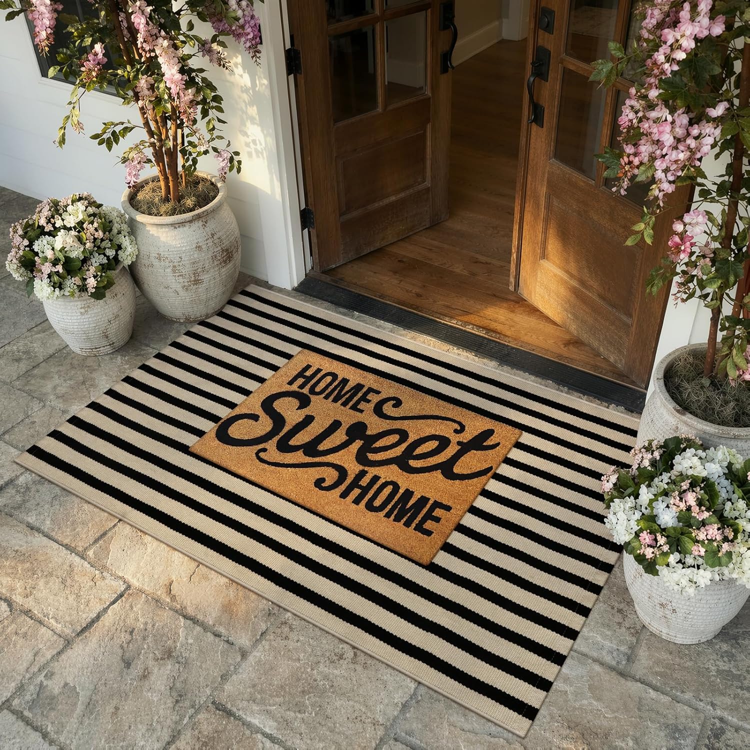 KIMODE Black and Khaki Striped Outdoor Rug 3'x 5', Washable Reversible Striped Outdoor Patio Rugs, Cotton Hand-Woven Farmhouse Welcome Layered Door Mats for Front Door, Entryway, Porch Decor