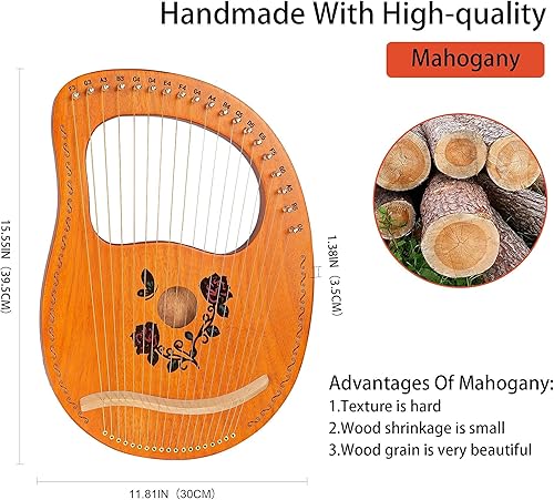 Miniatura 2 de Cuecutie Arpa de lira de 19 cuerdas de madera de arpa de caoba sólida portátil con cuerdas de bolsa negra, cuerda de transporte de tela, partituras