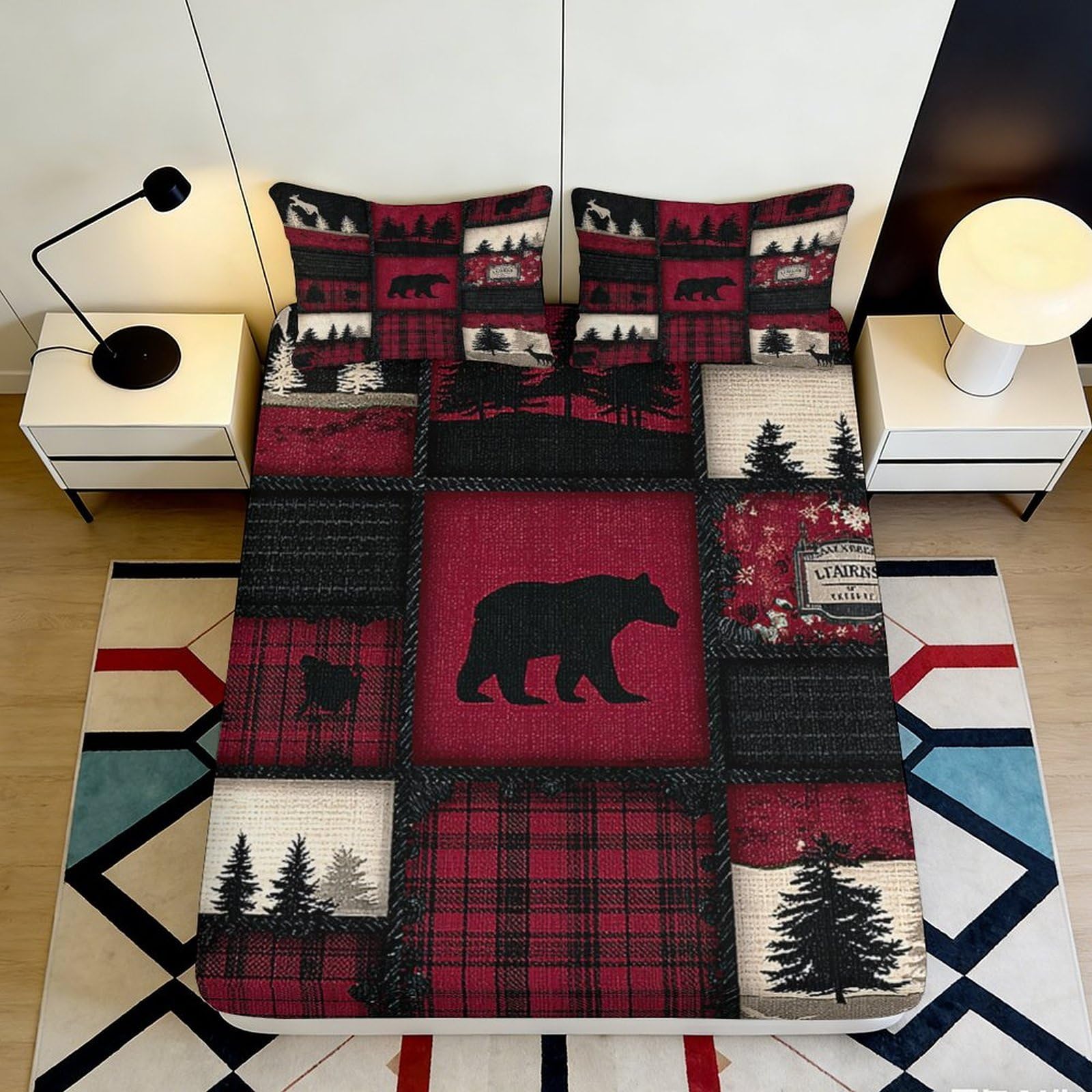 Jqzkxnhpbr Style-10 3D Printed Bear Forest Fitted Sheet Microfiber Soft Red Plaid Bed Cover For Bedroom Guest Room Decor 90X200x25cm