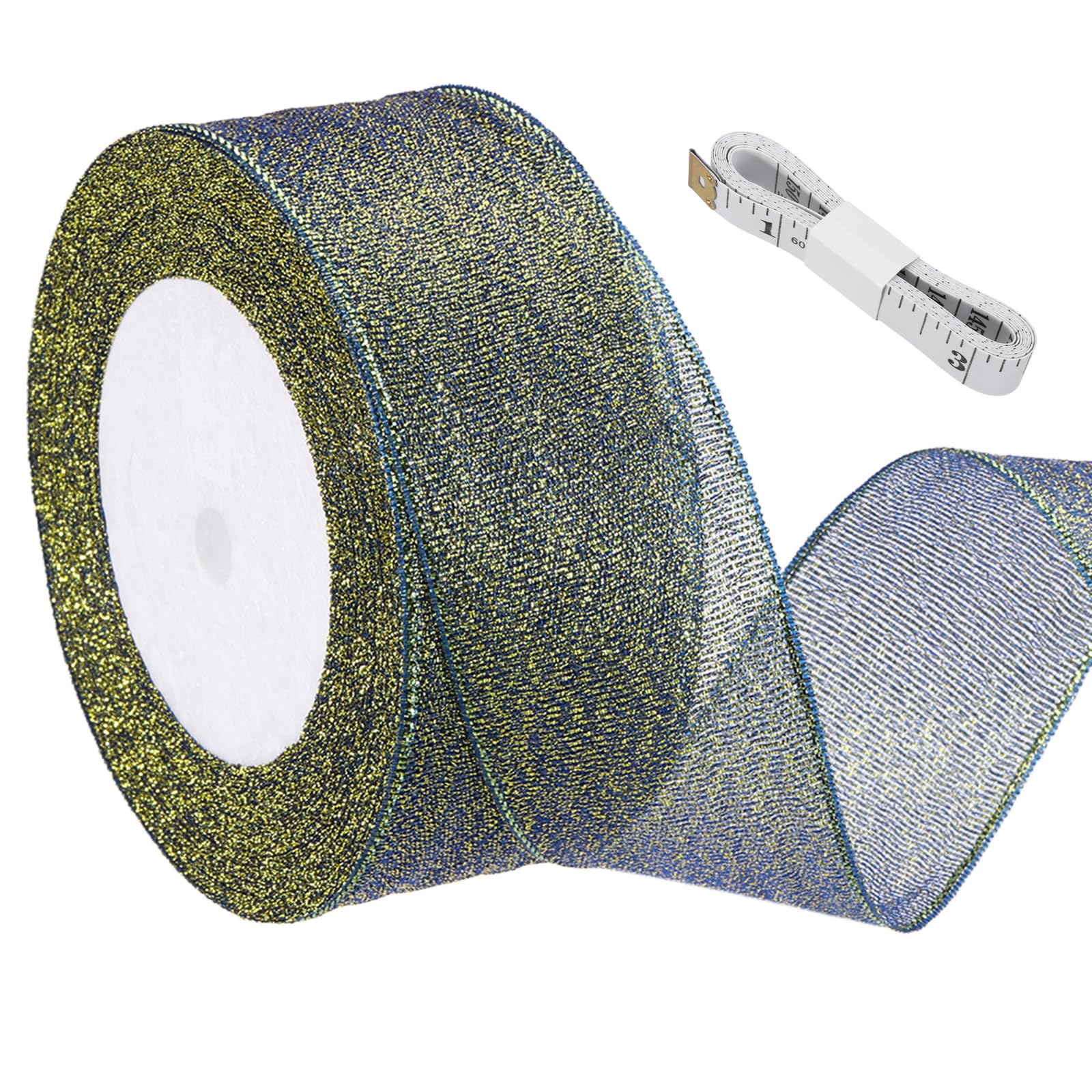 sourcing map Dark Blue Glitter Ribbon (22 Meters, 4cm Wide) with Gold Thread Sparkly Metallic Fabric Ribbon - Sparkly Practical, for Gift Wrapping Balloons Craft DIY Decor Holiday