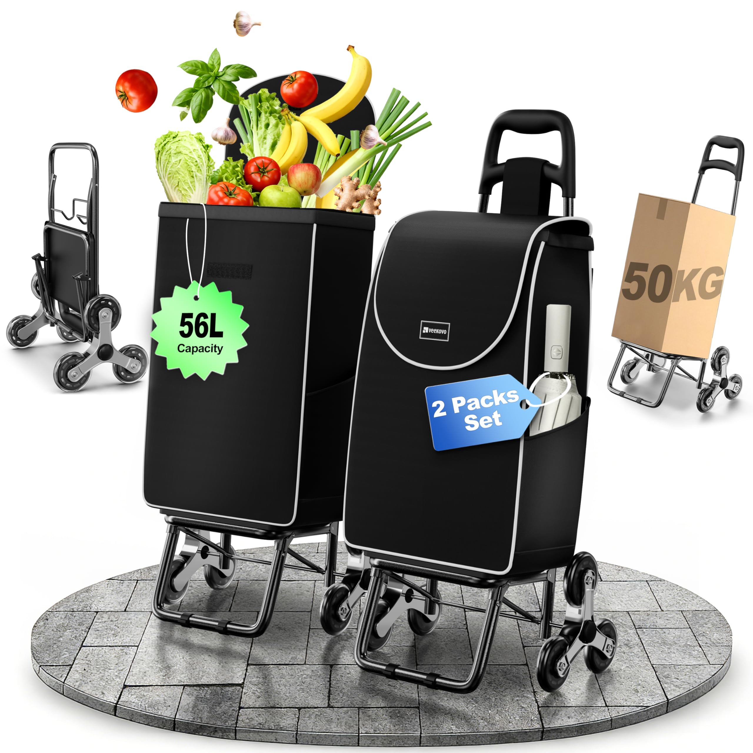 Veekovo Black Shopping Trolley For Groceries,Lightweight Foldable Grocery Cart With 56L Capacity,Detachable Oxford Bag,Load 50Kg,Stair Climber Shopping Cart With 6 Wheels. (, 2 Pack)
