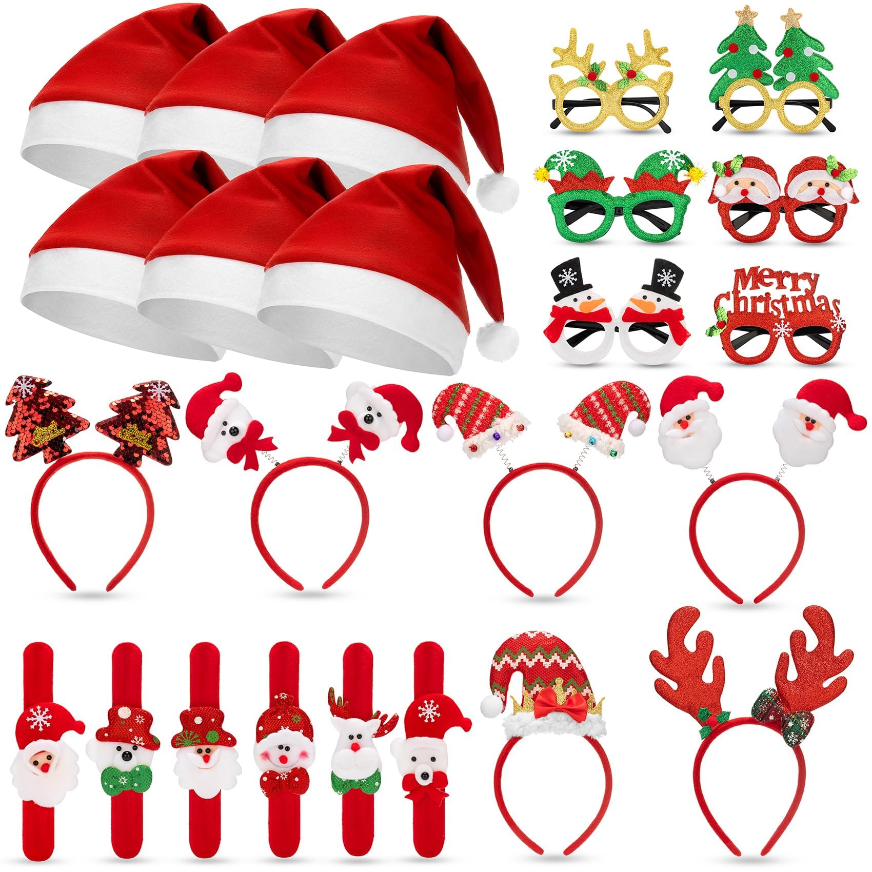 24 Stück Weihnachtsbrillen, Weihnachts-Stirnbänder, Weihnachtsmützen, Kinder-Armbänder, niedliche Haarreifen, Brillen, Weihnachtsdekorationen, Weihnachtsmannmützen, Weihnachtsfoto-Requisiten für
