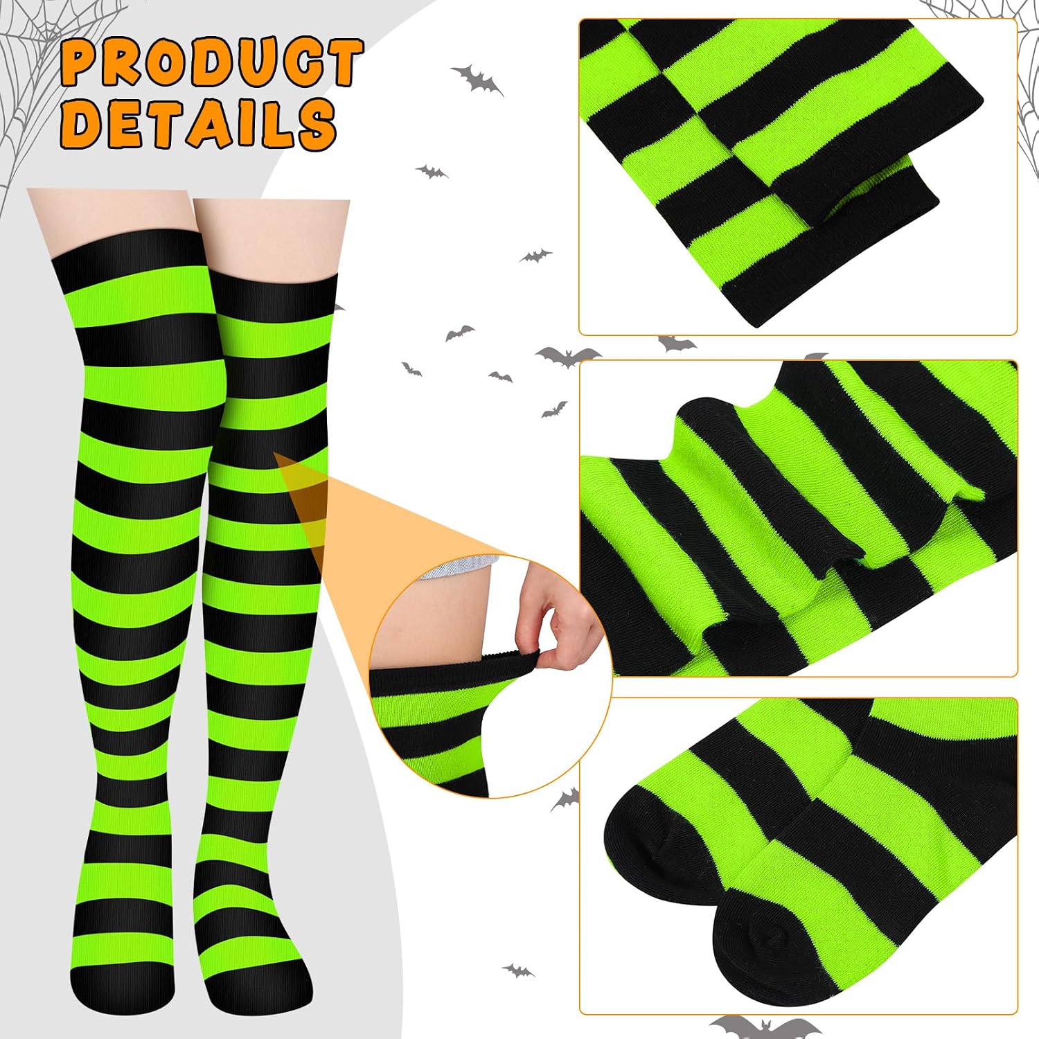 Handepo 4 Pcs Halloween Witch Costume Include 2 Pair Thigh High Socks Witch Knee Striped Socks 2 Pcs Halloween Hats Large Ruched Costume Accessory for Women Party Cosplay Supplies