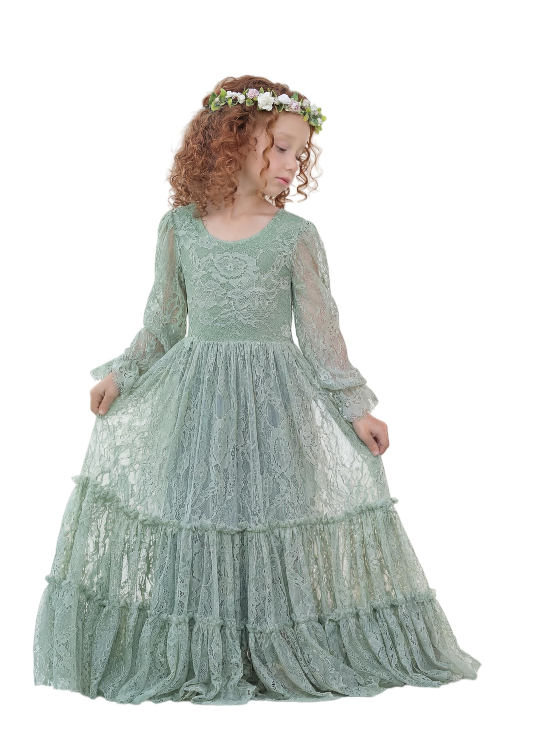 LalaMira Flower Girl Dress Lace Boho Toddler Dresses Ruffle Girl Dress for Wedding Garden Party Holiday Communion Long Sleeve