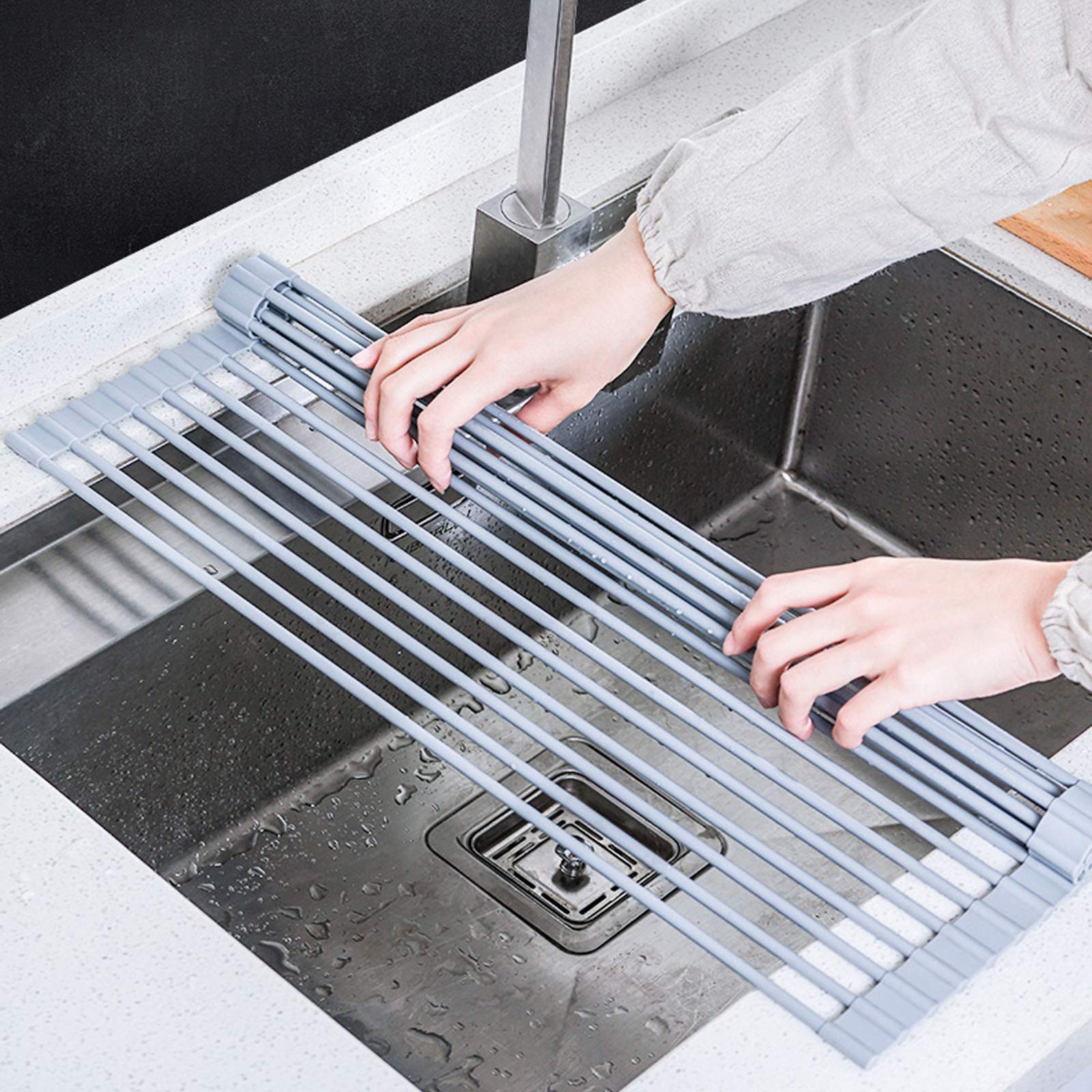DAMAI Rejilla para secar Platos sobre el Fregadero Enrollable de Acero Inoxidable Revestido de Silicona Rejilla para escurrir Platos de Cocina Plegable Multiusos