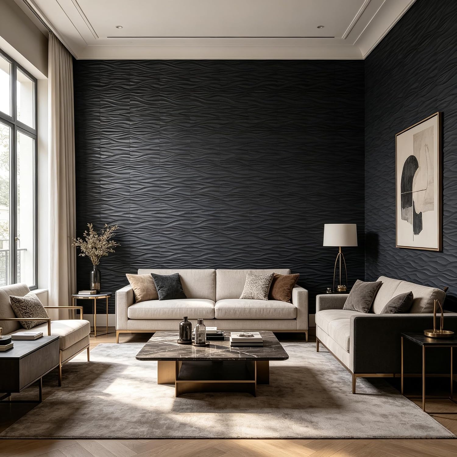 3D Wall Panels Peel and Stick Wallpaper, Modern Wave Design Self Adhesive Wall Covering, Waterproof Removable 3D Wall Decor for Living Room Bedroom Office Accent Wall, Black Gray (Black) image 2