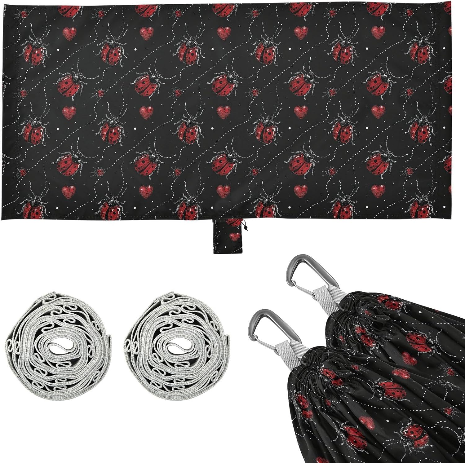 ALAZA Lady Bug Heart Camping Hammocks Single or 2 Person 500 lbs Portable Parachute Travel Hammock w/Tree Straps for Hiking Backpacking Indoor Outdoor