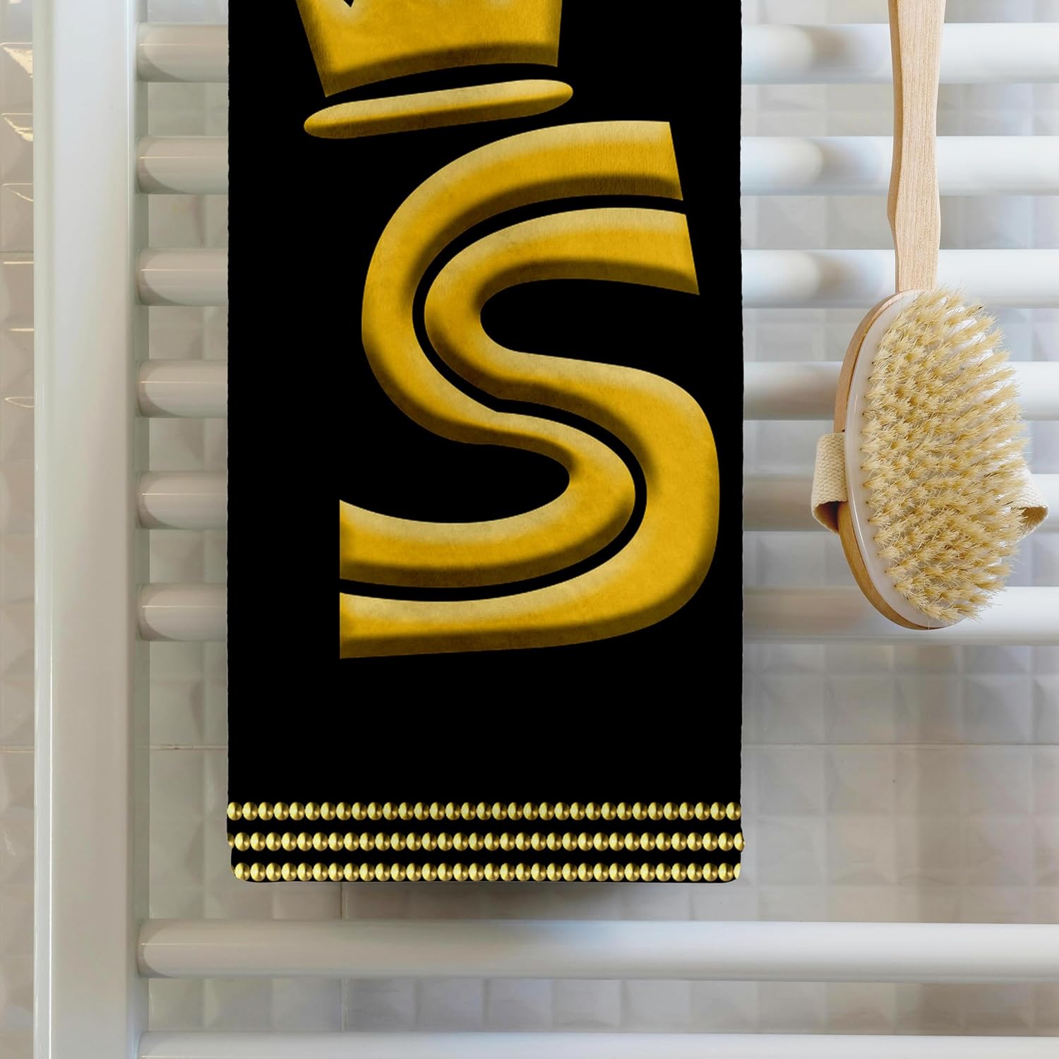 3dRose King, Queen Crown, Rich Frame. Yellow on Black. Stunning Letter S 22x30 Bath Hand Pool Towel
