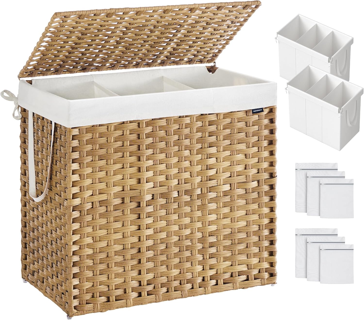 SONGMICS Laundry Hamper with Lid, 160 L Clothes Hamper with 2 Removable Liner Bags, 6 Mesh Bags, Wicker Laundry Basket, Double Laundry Hamper for Bathroom, 26 x 15.7 x 24 Inches, Natural ULCB316Y01 Natural 160 L