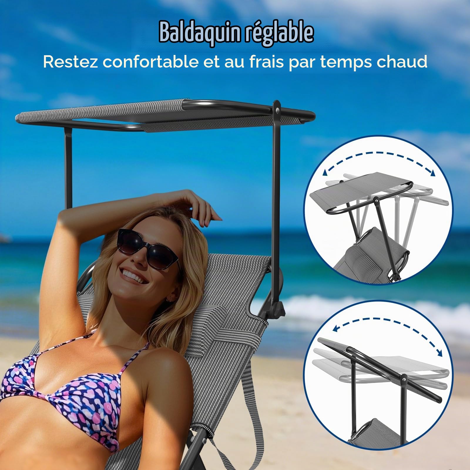 Lot de 2 Chaise Longue avec Pare-Soleil 360° Réglable, Bain de Soleil Pliable, Transat Extra Large 68 cm-Tissu Oxford 600D, Dossier Inclinable et Appuie-Tête, Poche Latérale, pour Jardin-Plage, Noir