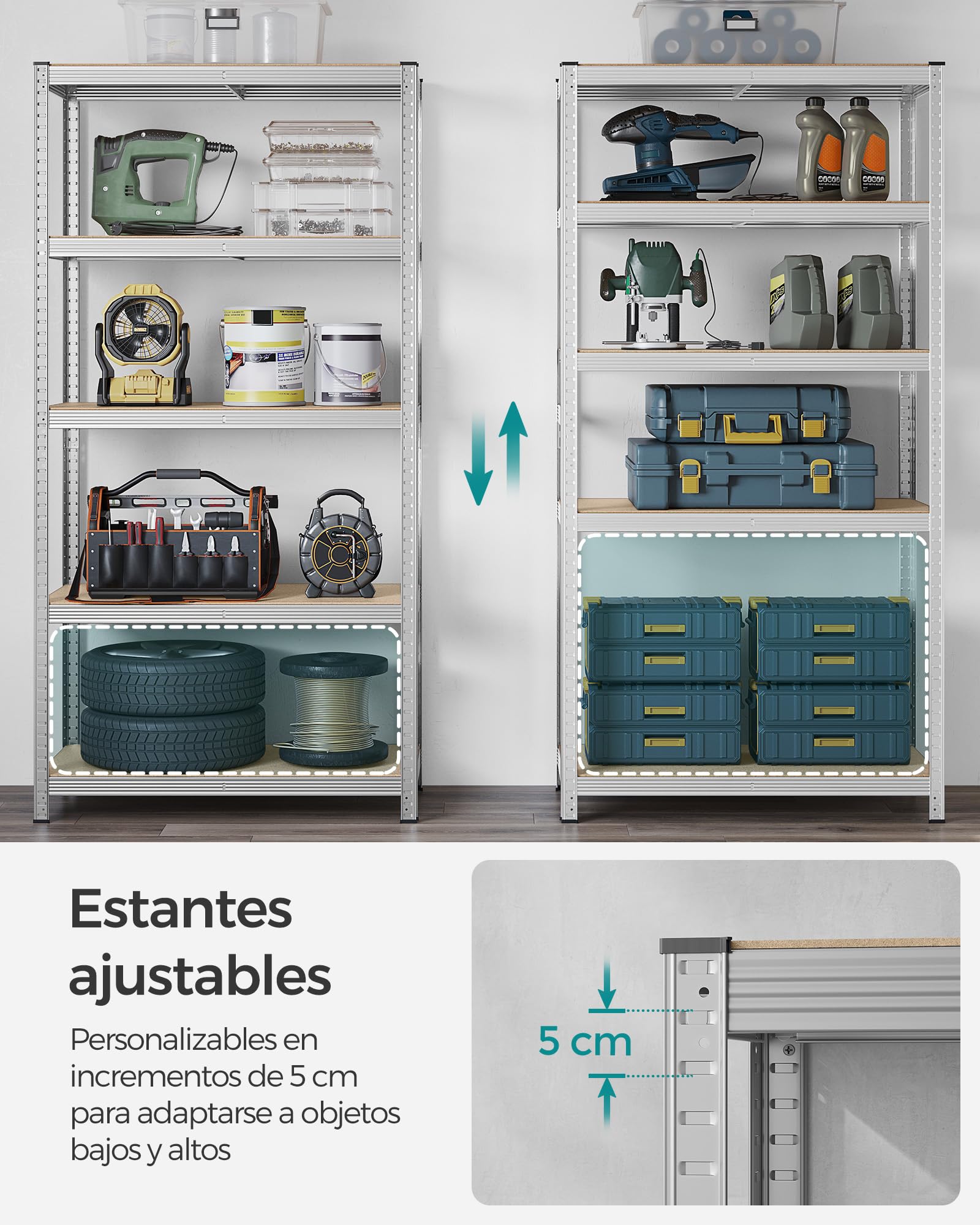 SONGMICS Estantería de 5 Niveles, 200 x 100 x 50 cm, Carga de 875 kg (175 kg por Nivel), Estantería para Cargas Pesadas, Estante Ajustable en Altura, para Garaje, Sótano, Plata GLR050E01