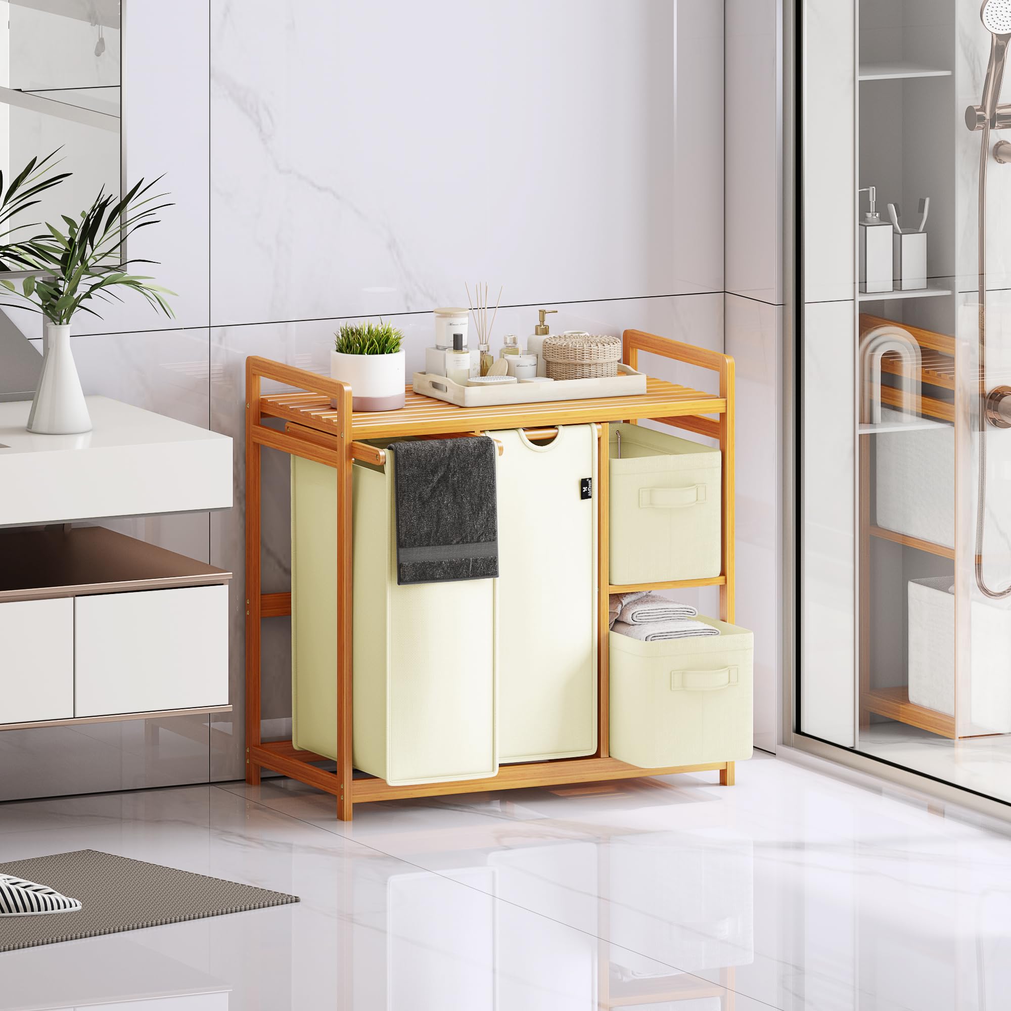 AdelDream B0FCXLP1 - Cesto portabiancheria a 4 scomparti, 140 l, con cestino, con 2 sacchetti per la biancheria e 2 scatole di stoffa con ripiano, in bambù, per la biancheria, colore: Beige