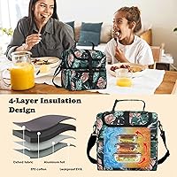 Vista 6 de PBRO Lonchera térmica de doble cubierta para mujer, lonchera grande reutilizable con cinturón de hombro ajustable, bolsillos laterales, lindas hojas