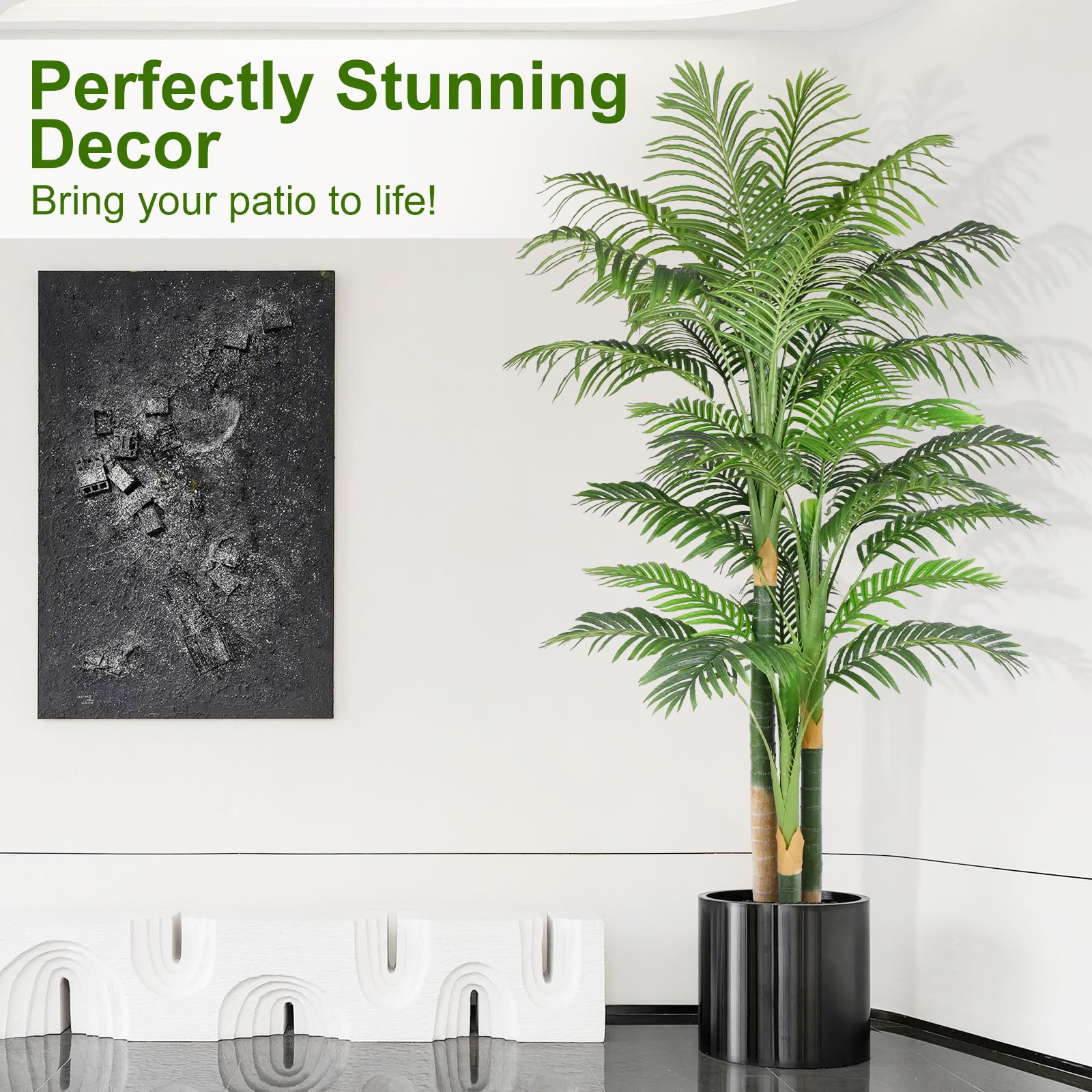 Palmier Artificiel Triple Doré 200cm Haute, Palmier Artificiel Exterieur, Arbre Artificiel Exterieur ou Intérieur pour Maison Chambre Bureau Salon Balcon Jardin Décoration (1Pack)