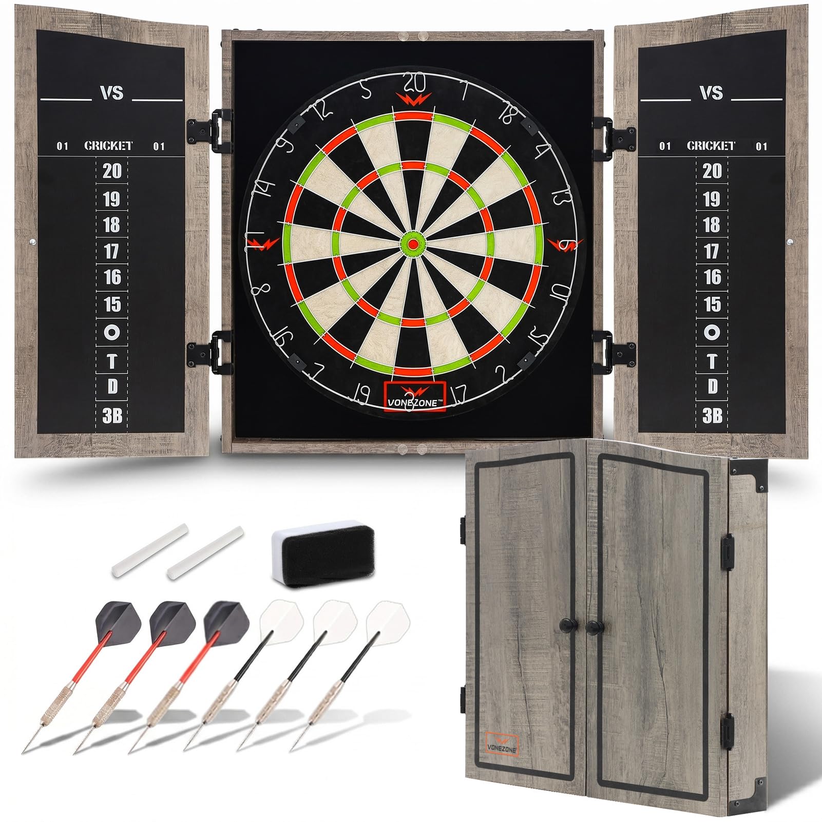 Dartboard Cabinet Set with 18" Bristle Dartboard - Self-Healing Sisal, 6 Steel Tip Darts, Scoreboard &amp; Chalk - All-in-One Game Room Set for Home, Bar, Garage (Gray)