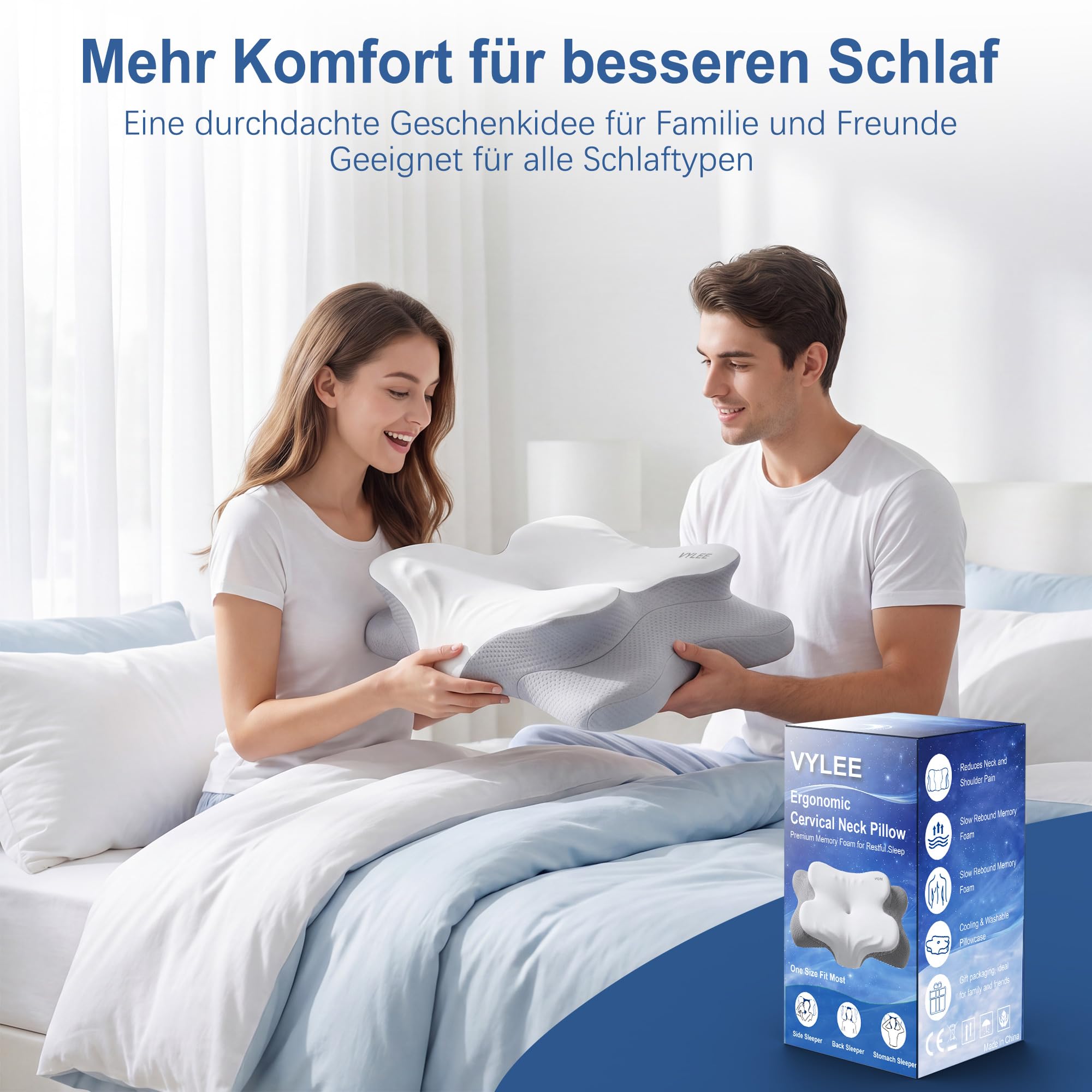 VYLEE Ergonomisches Nackenkissen Memory Foam Kopfkissen für Rücken-, Seiten- und Bauchschläfer, Schlafkissen für Nacken- und Schulterschmerzen (Grau)