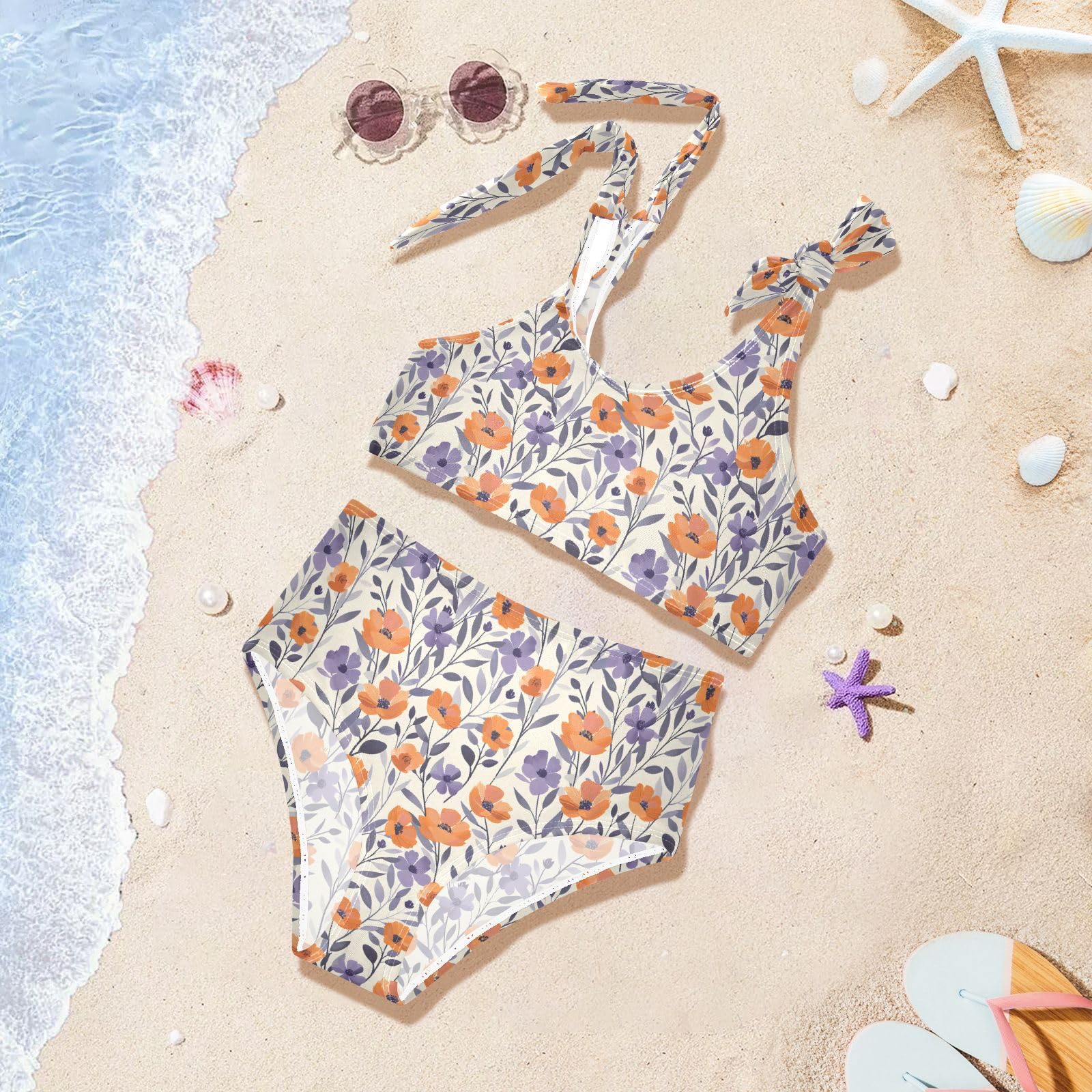 Flowers Leaves Pattern Girls Tankini Swim Set, Two Piece Swimsuits Summer Bikini Swimwear Set for Girls, 3T