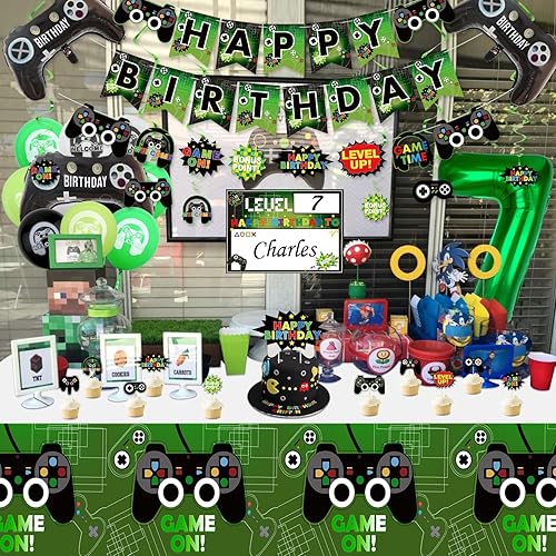 Miniatura 5 de Decoraciones de fiesta de videojuegos  Decoraciones de 7 cumpleaños para niños, pancarta de feliz cumpleaños, mantel de videojuegos, globos con