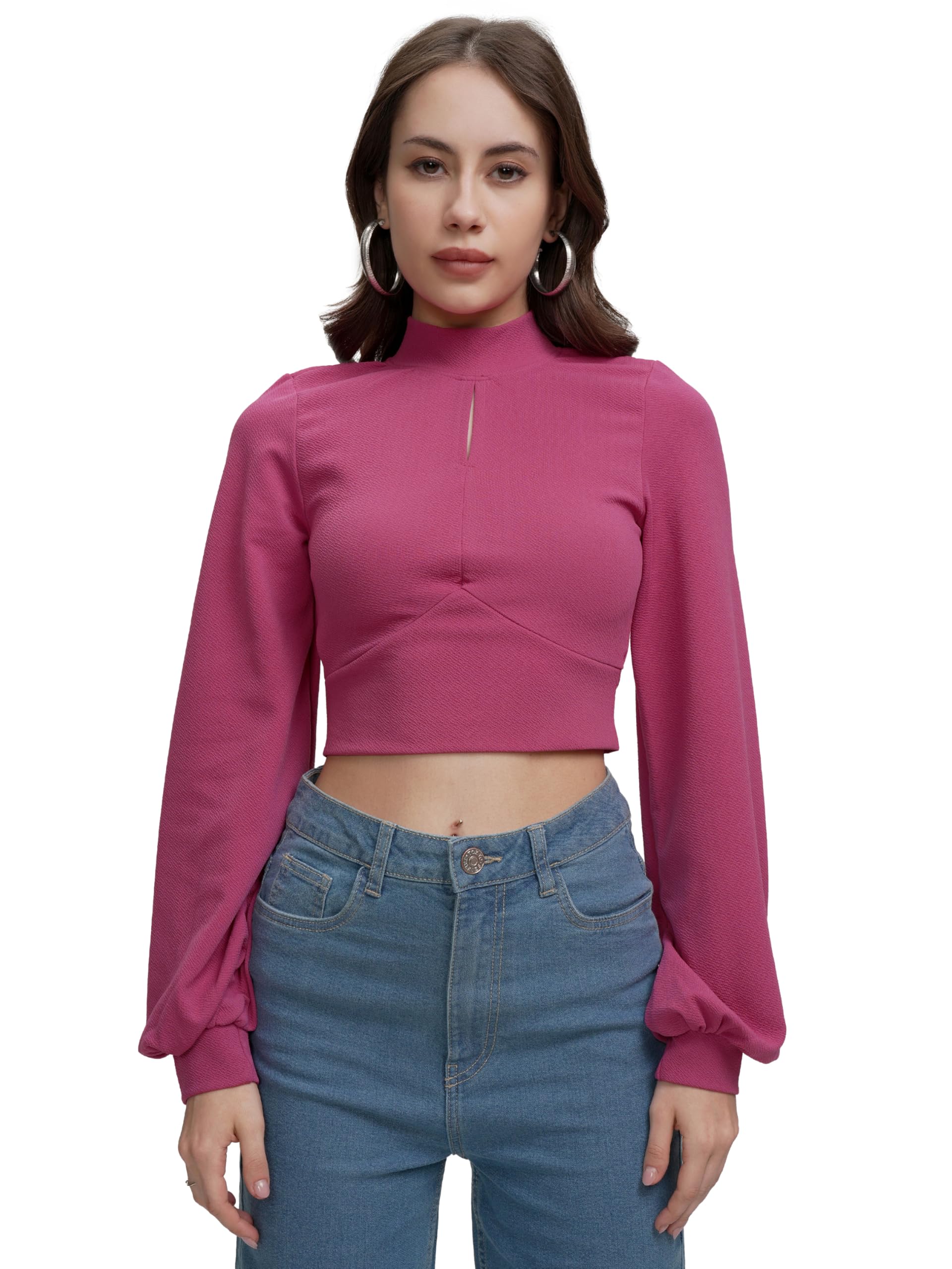 tokyo talkies Women's Solid High Neck-Line with Keyhole Top | Puff Long Puff Sleeves for A Chic & Elegant Look | Tops for Woman | Women Tops | Women Crop Top-picture-25