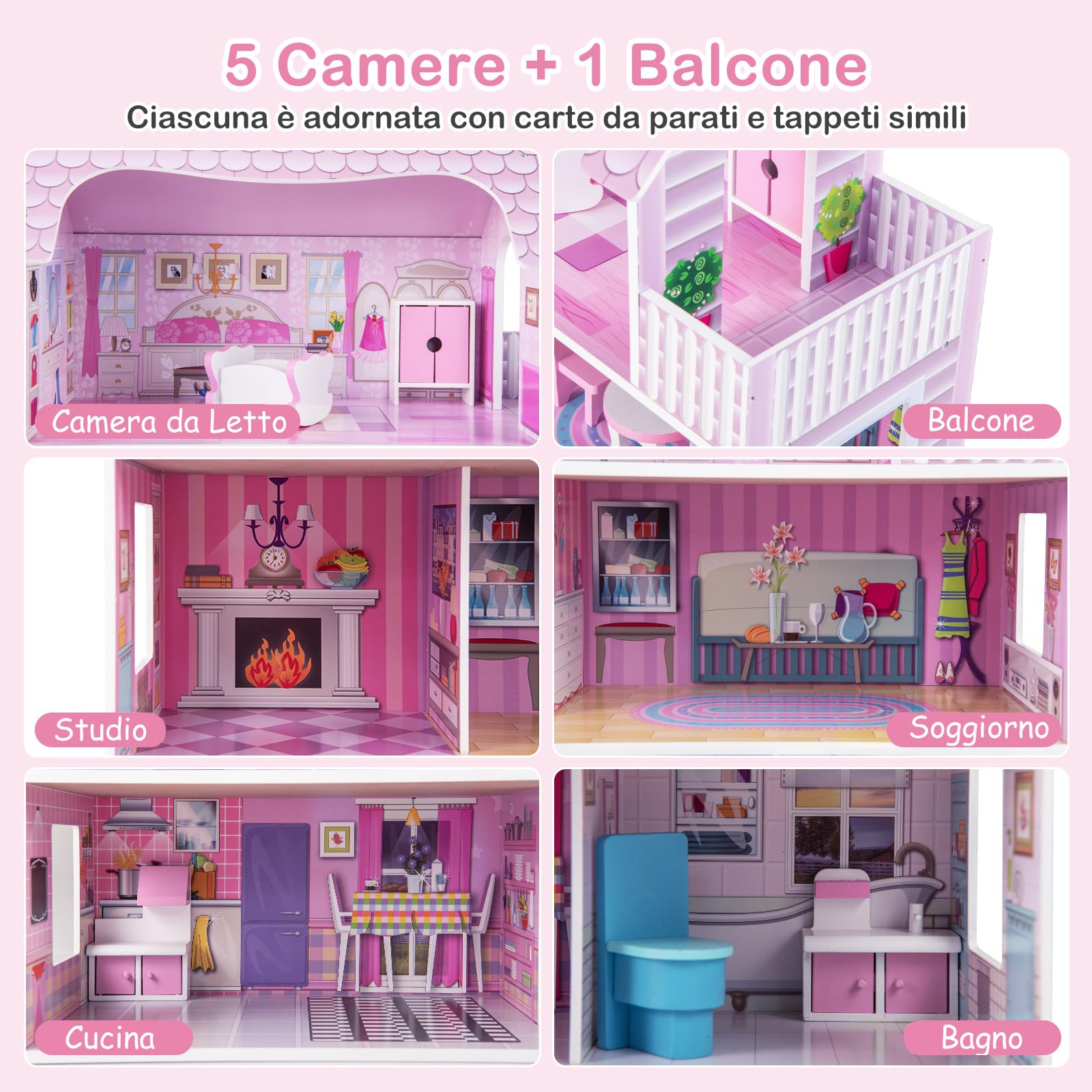 RELAX4LIFE Casa delle Bambole in Legno, 3 Piani, 5 Stanze, Mobili Rimovibili, Design Multicolore, Giocattolo Educativo per Bambini(Tre Piani delle Scoperte)
