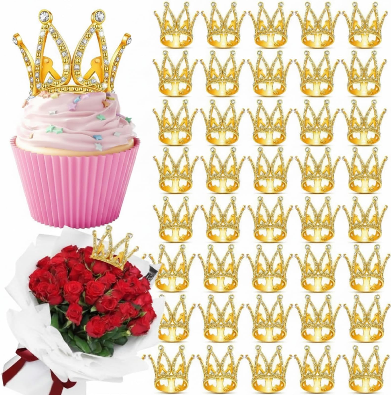 100 Pcs Mini Crown Cake Topper Decorations Gifts for Women Flower Bouquet Gold Crown Cupcake Topper Cake Decoration for Women Birthday Valentine's Day Wedding Shower Mothers Day