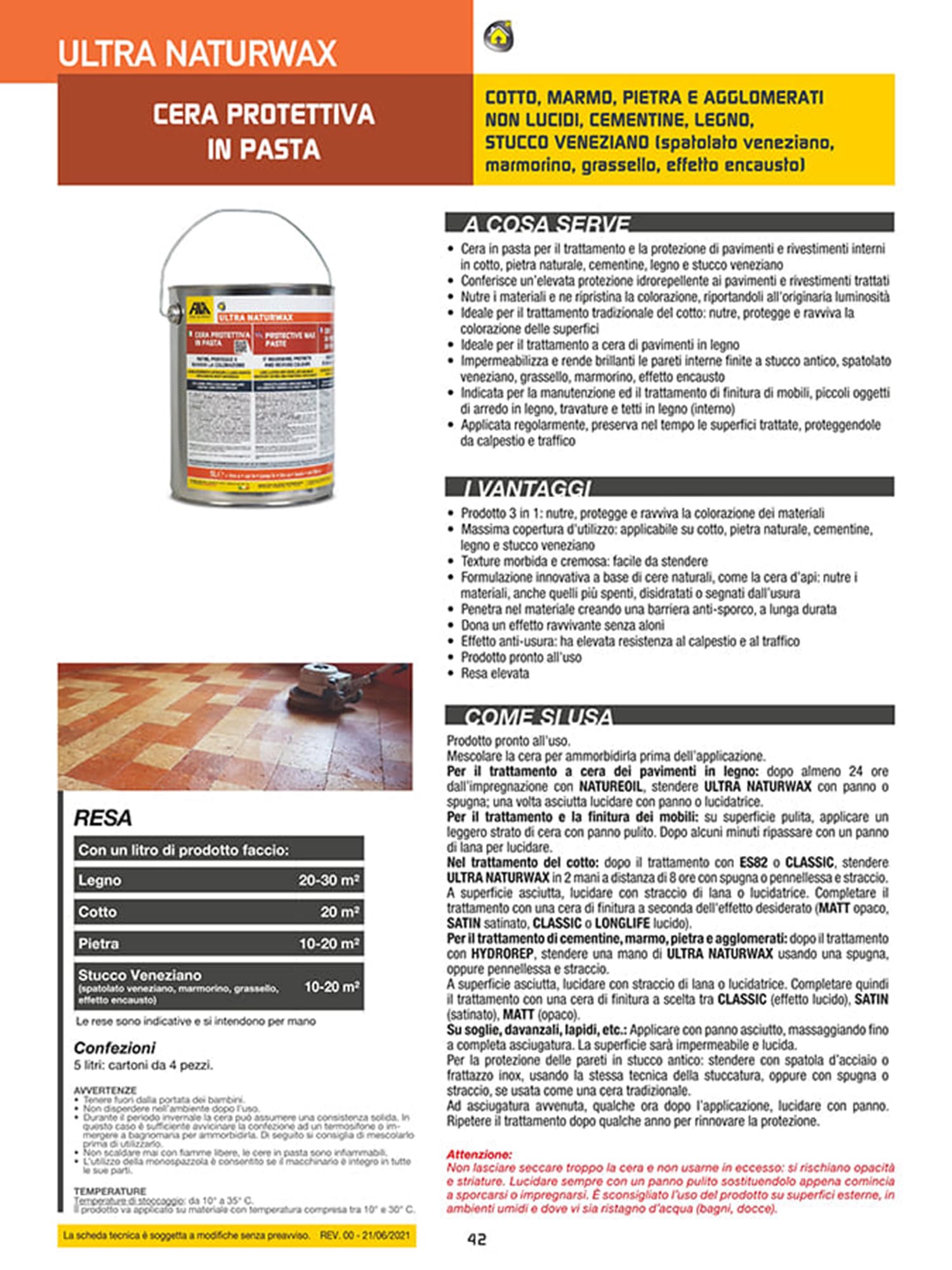 Cera per Cotto Interno Protettiva In Pasta Ultra Naturwax 5 Litri