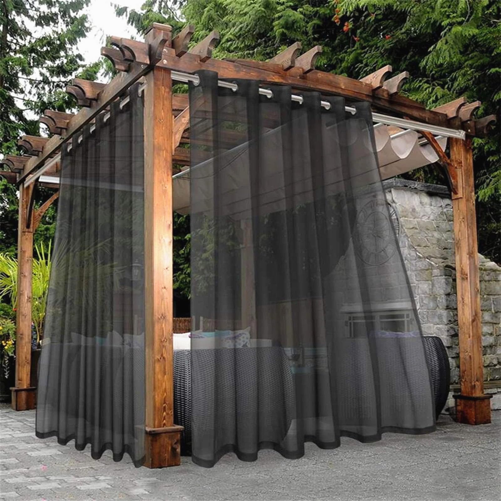 Hiseng Outdoor Curtains Waterproof for Garden Pergola 2 Panels Sheer Outdoor Curtains Semi Voile Sheer Curtains Transparent Curtains with Eyelets for Patio, Gazebo, Cabana 3 Colors (132x183cm,Black)