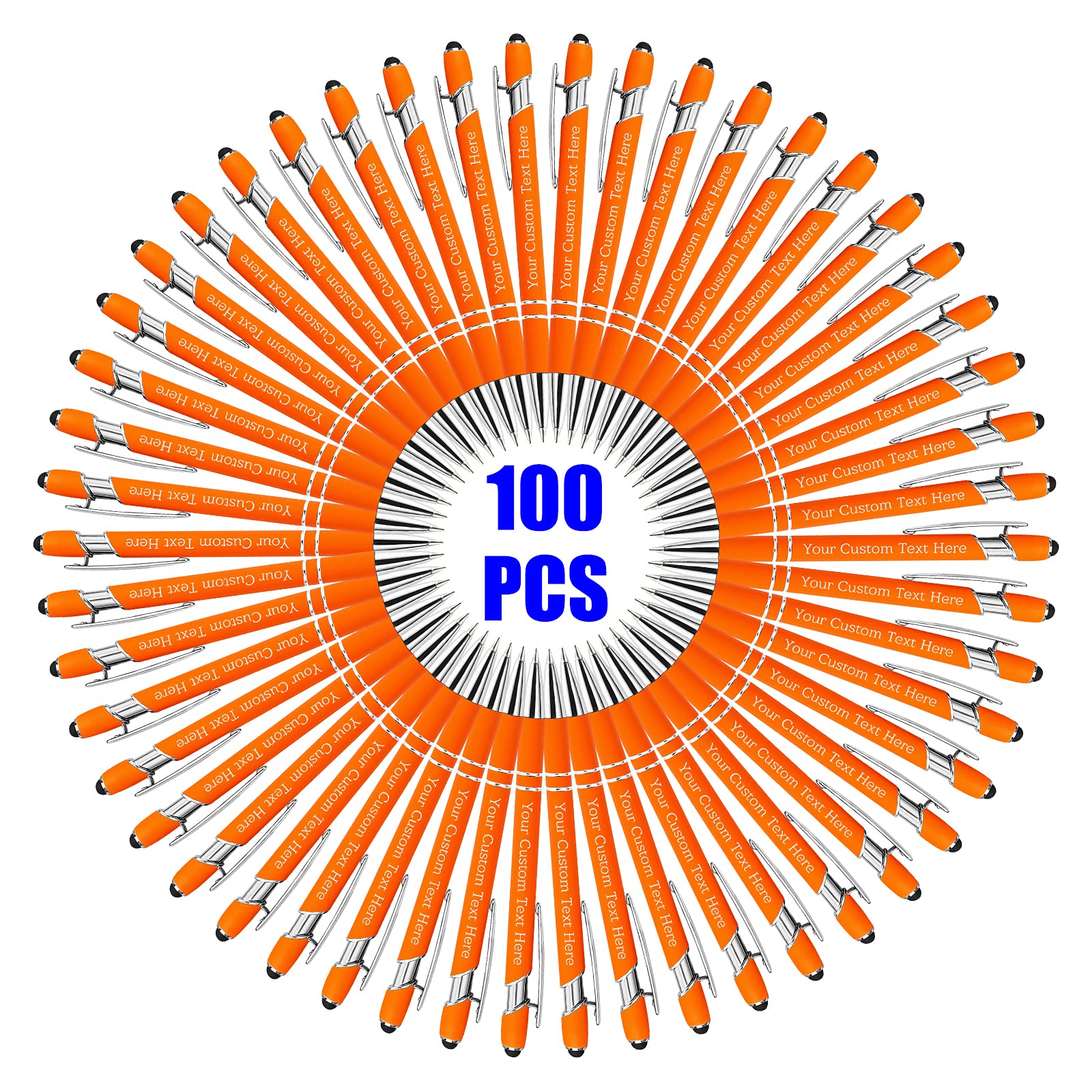 100 Pcs Personalised Custom Pens Bulk Free Engraving with Name Message Customised Ballpoint Pens with Stylus for Business Office Graduation Customised Gifts for Men Women Birthday Christmas (Orange)