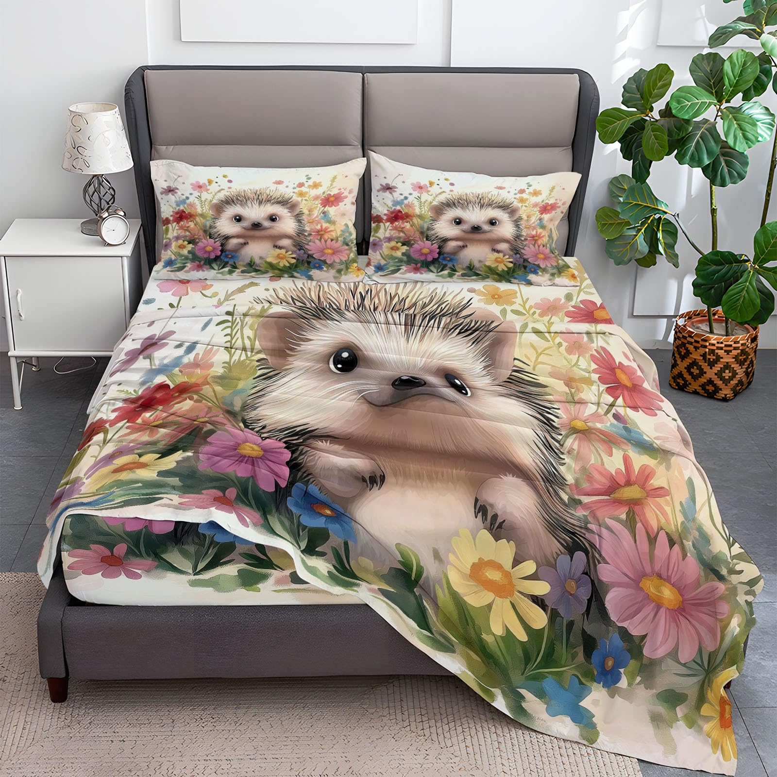 Fitted Sheet Twin Size, Card Watercolor Hedgehog Bedding Set, Boys Girls Adults Bedroom Decor, Soft Bed Sheets Microfiber Wrinkle and Fade Resistant Colorful