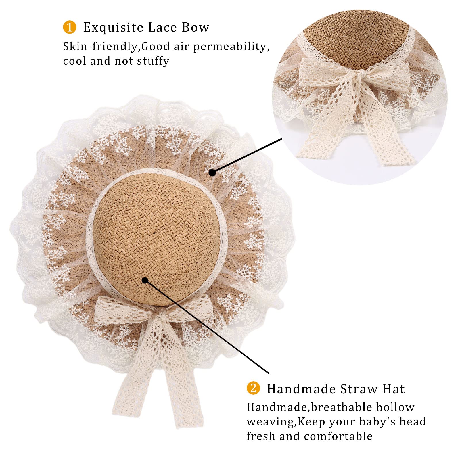 Baby Girl Straw Hat 3-6 Years Girls Summer Beach Hats with Bowknot Sun Protection Hats for Kids (Khaki Lace)