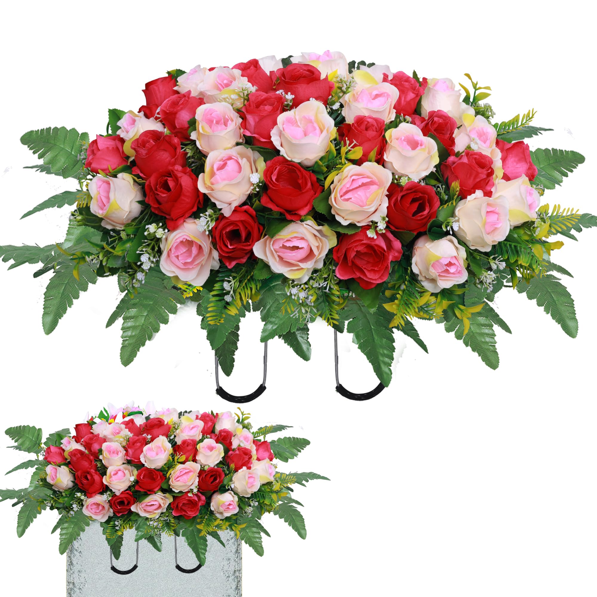 Lodou Artificial Cemetery Flower Saddles, Rose Headstone Flower Saddle Outdoor Grave Decorations,Cemetery Memorial Flowers with Vase for Grave