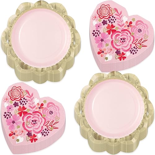 HOME HOOPLA Elegantes platos de postre de papel con forma de corazón dorado floral y metálico para fiesta de San Valentín y servilletas de bebidas