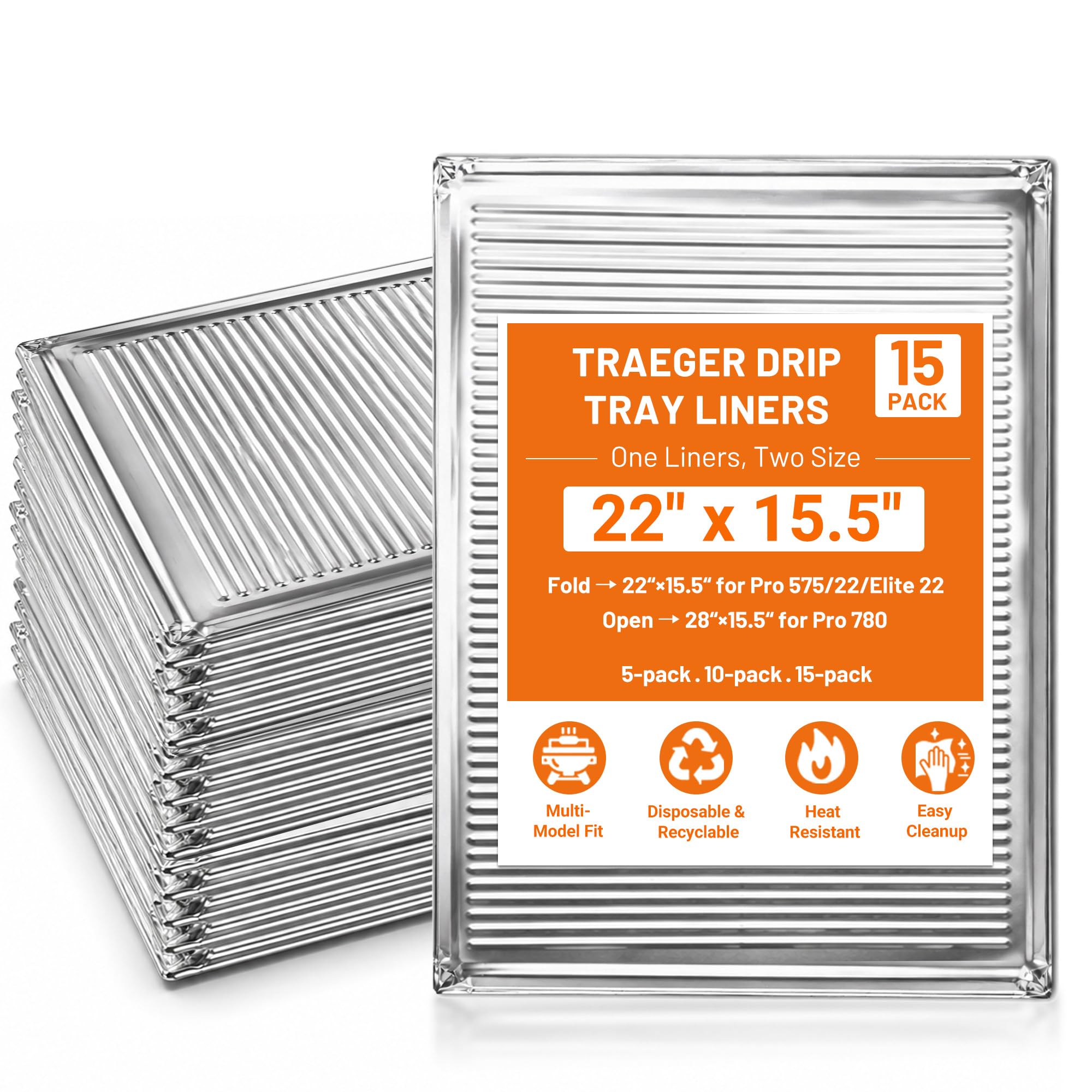 Photo 1 of 10-Pack Grill Drip Tray Liners for Traeger, Compatible with Traeger Pro 780/575, Pro 22 & Elite 22, Aluminum Disposable Foil Drip Pans with 2 Sizes (22in & 28in x 15.5in), BBQ Grill Accessories