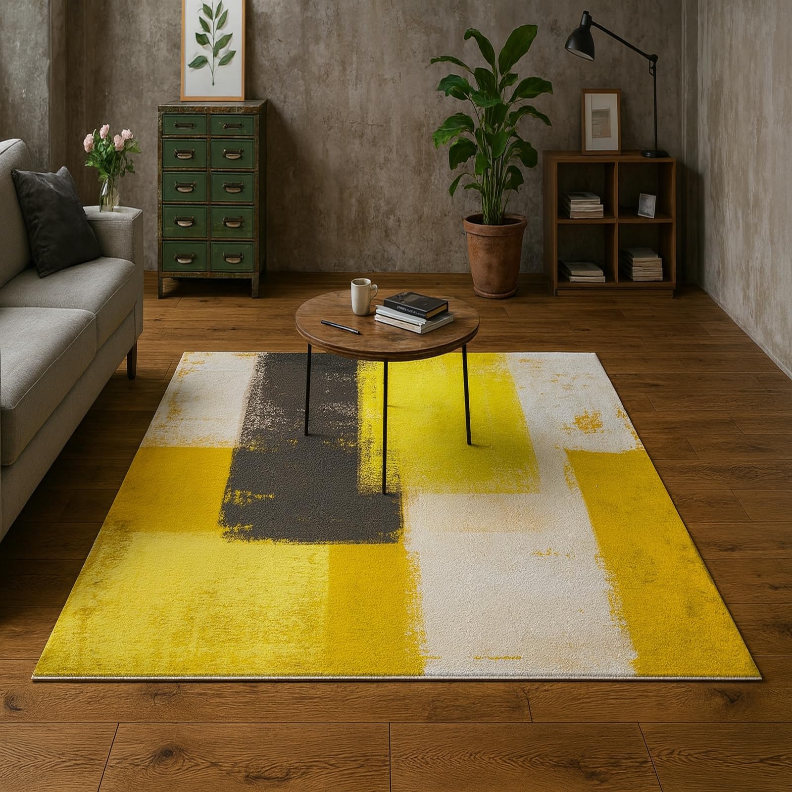 Tapis abstract moderne jaune noir 80x120 cm pour salon et couloir
